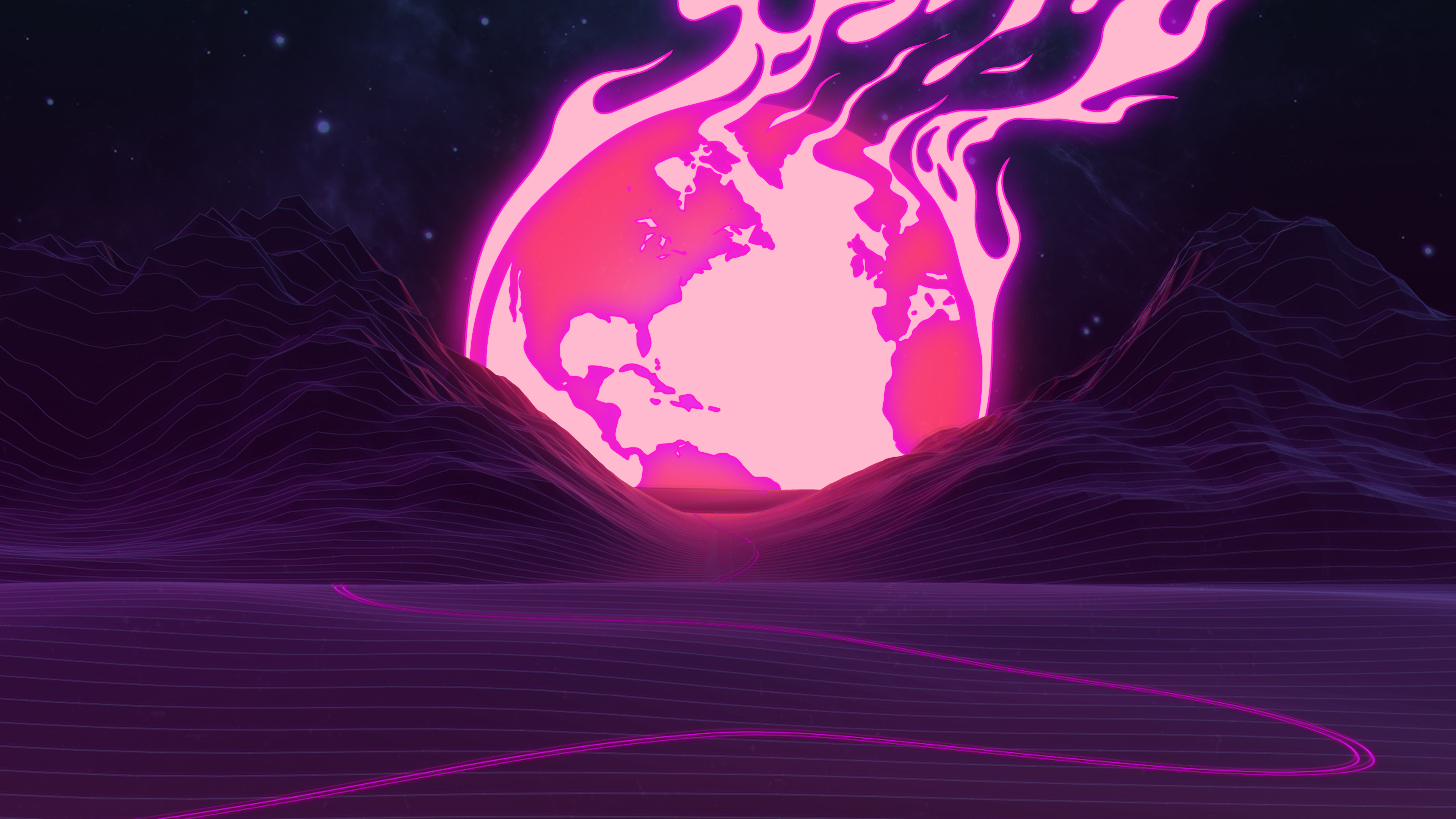 Planet Earth on fire over mountains HD Wallpaper