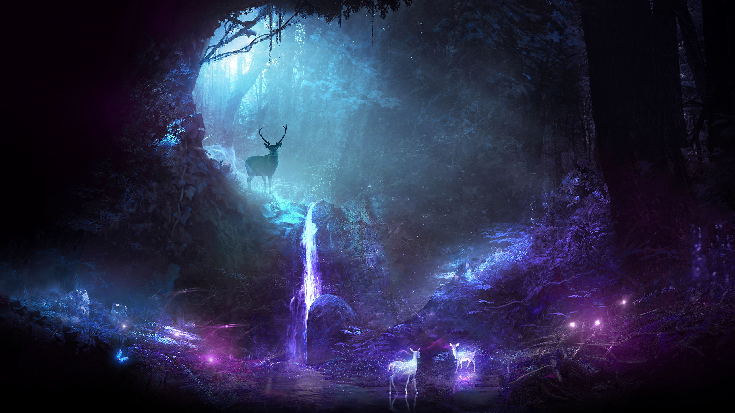 Magical forest with deer and waterfall at night HD Wallpaper
