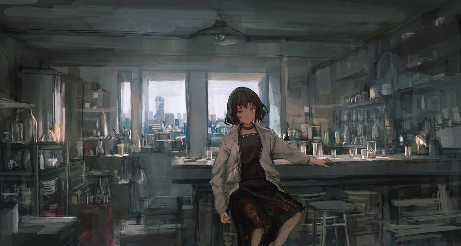 Girl in laboratory with city view HD Wallpaper