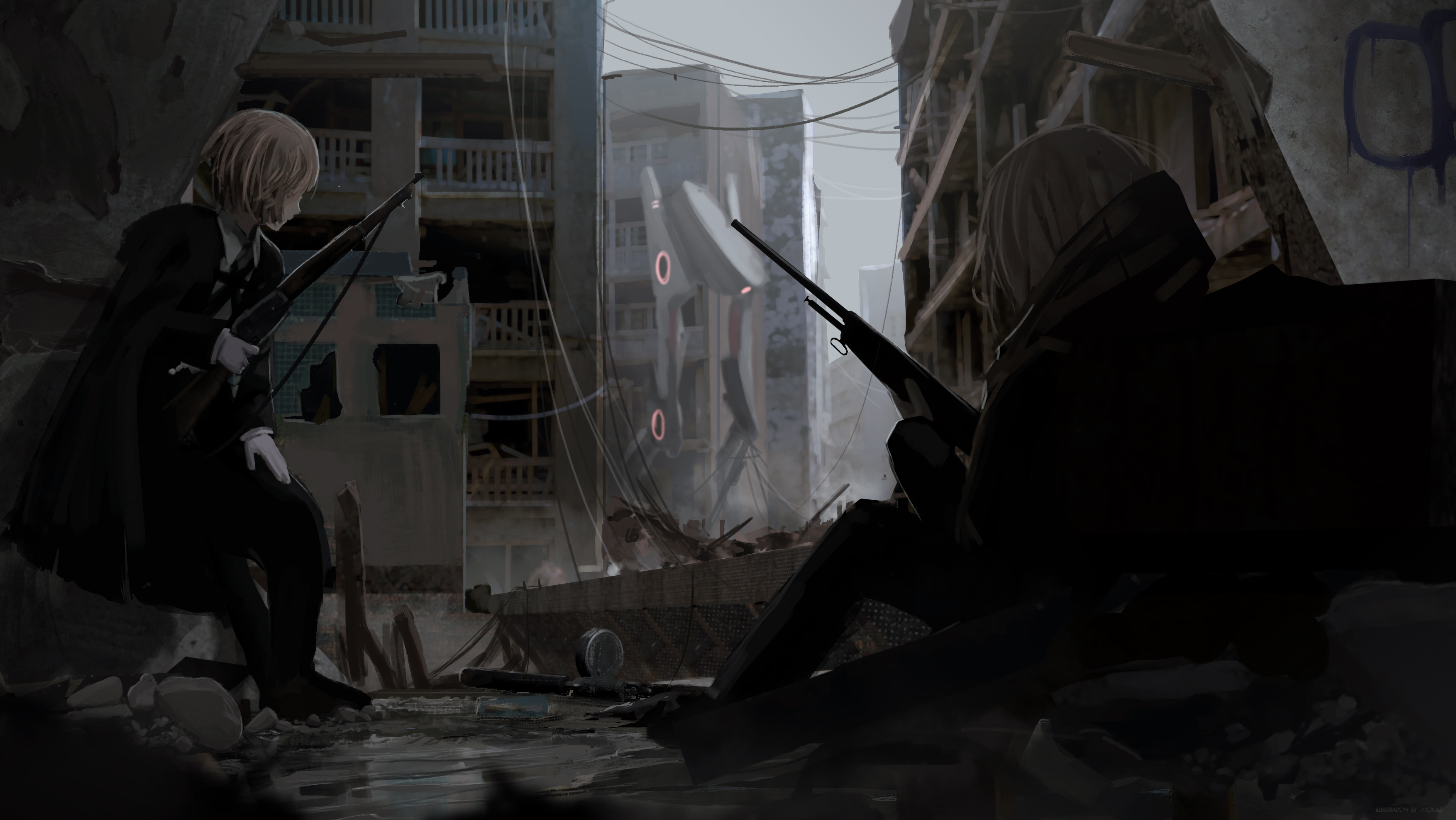 Girls with guns in a destroyed city HD Wallpaper