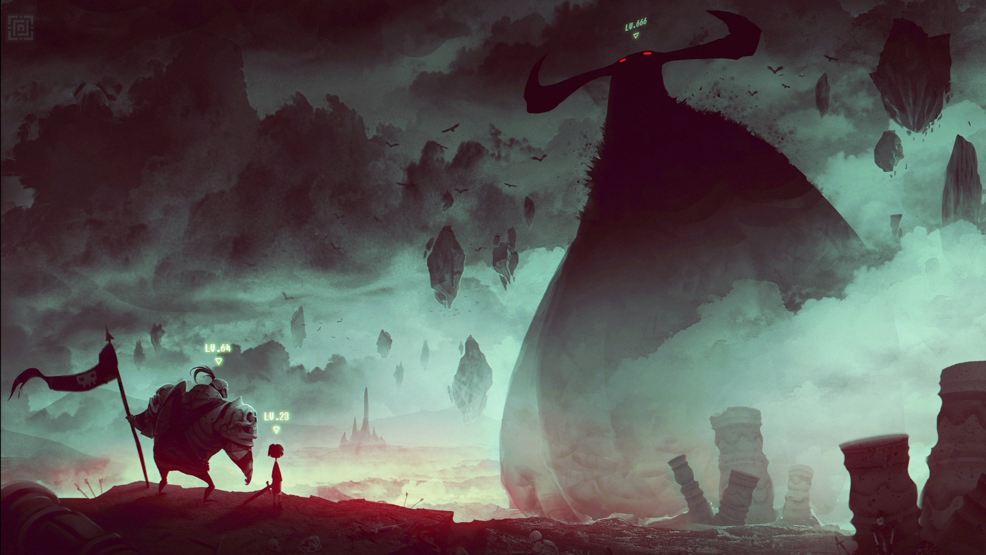 Giant demon and warrior in a cloudy, rocky landscape HD Wallpaper