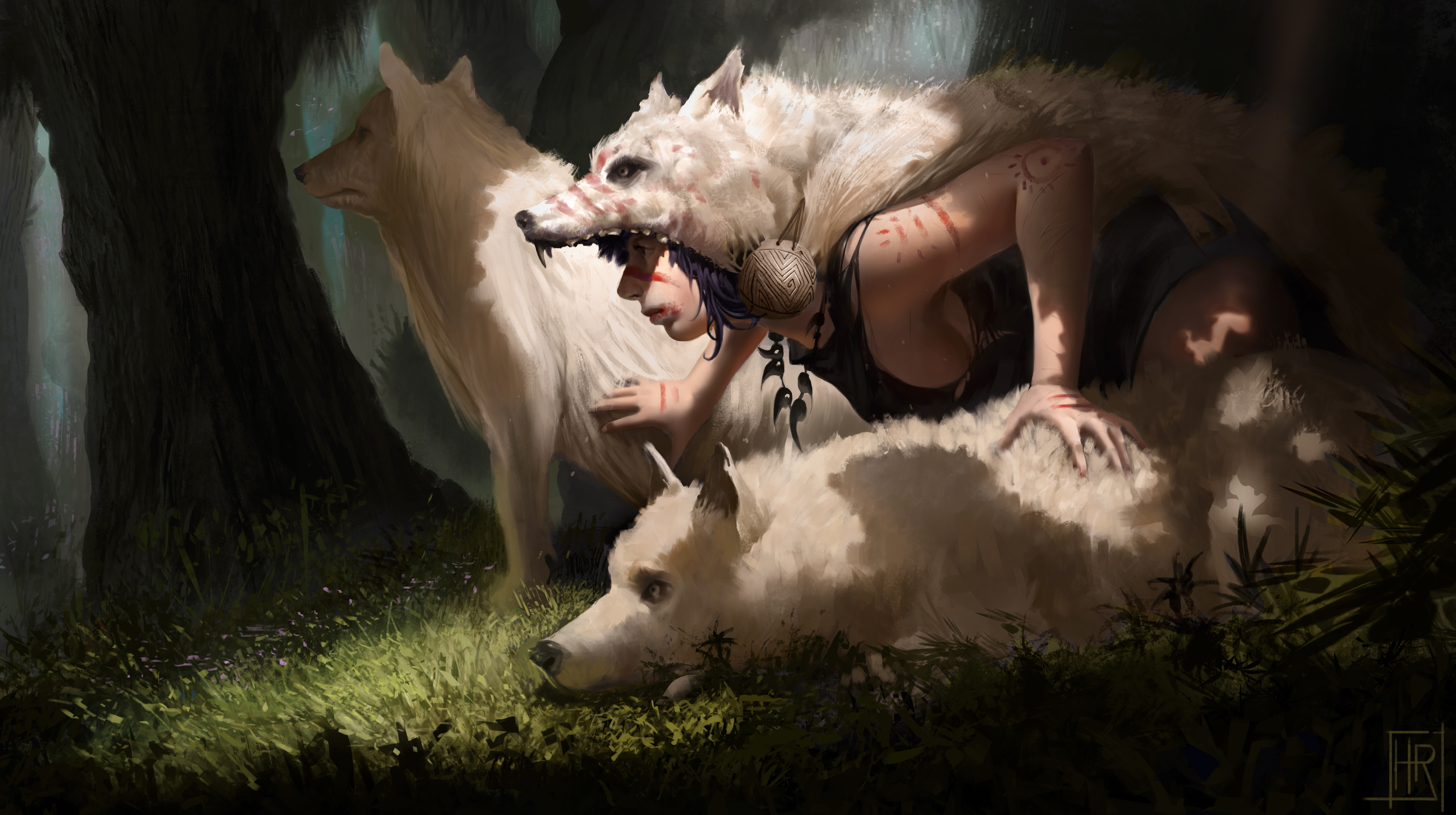 San and wolves in a forest HD Wallpaper