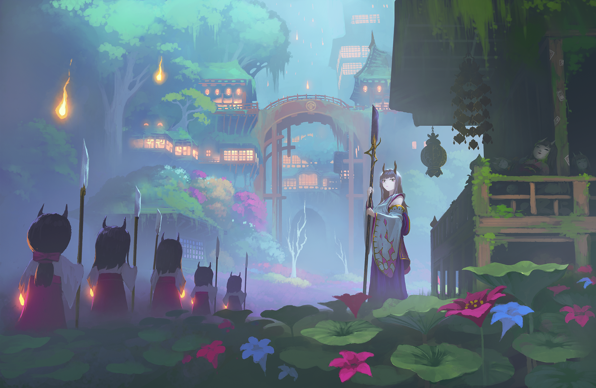 Anime artwork of a fantasy forest with tree houses and characters HD Wallpaper