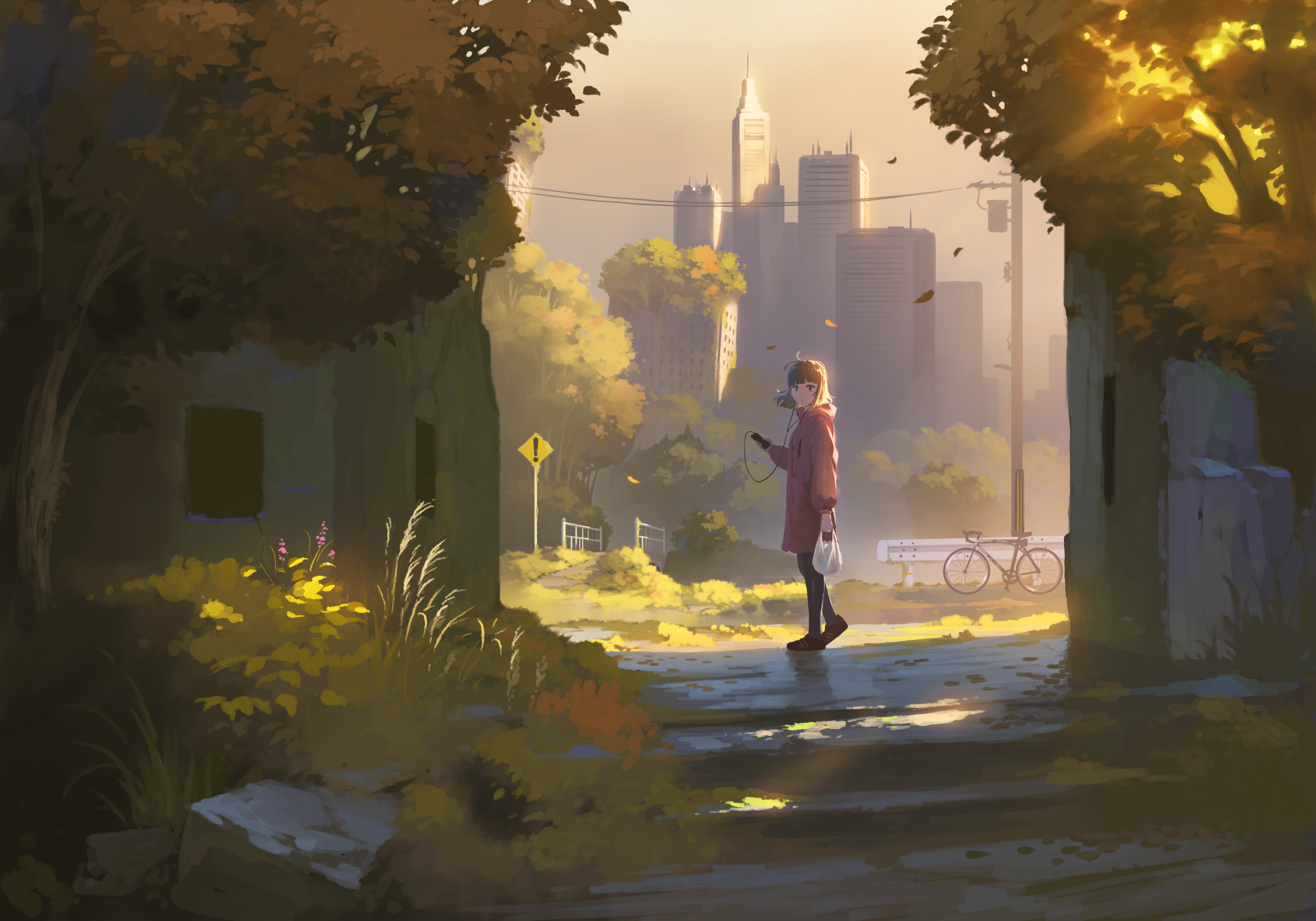 Anime girl with headphones walking in a city park during fall HD Wallpaper