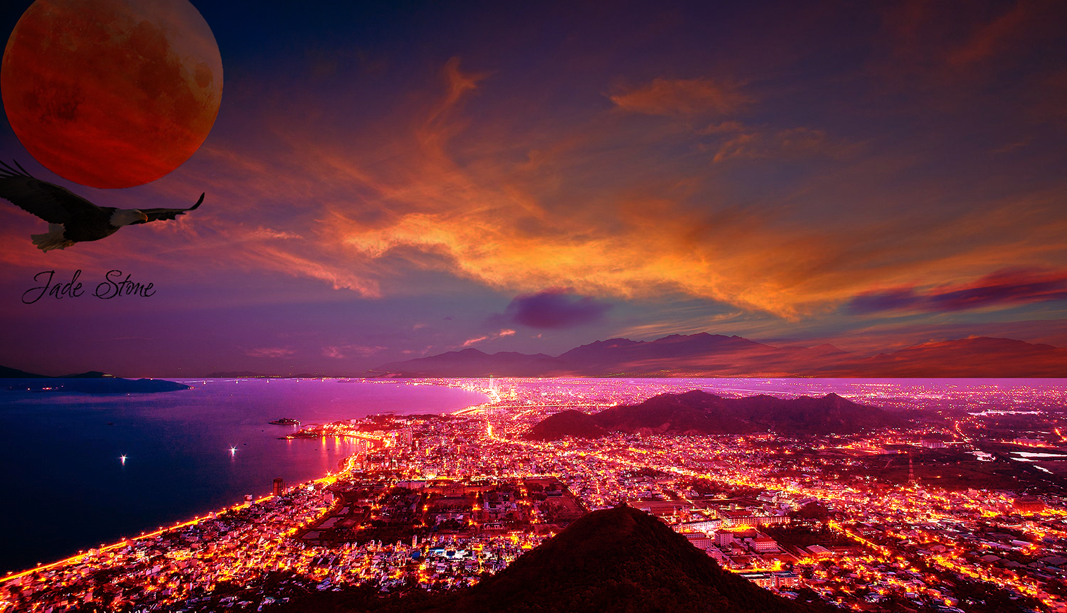 Eagle flying over a city at night with a blood moon HD Wallpaper