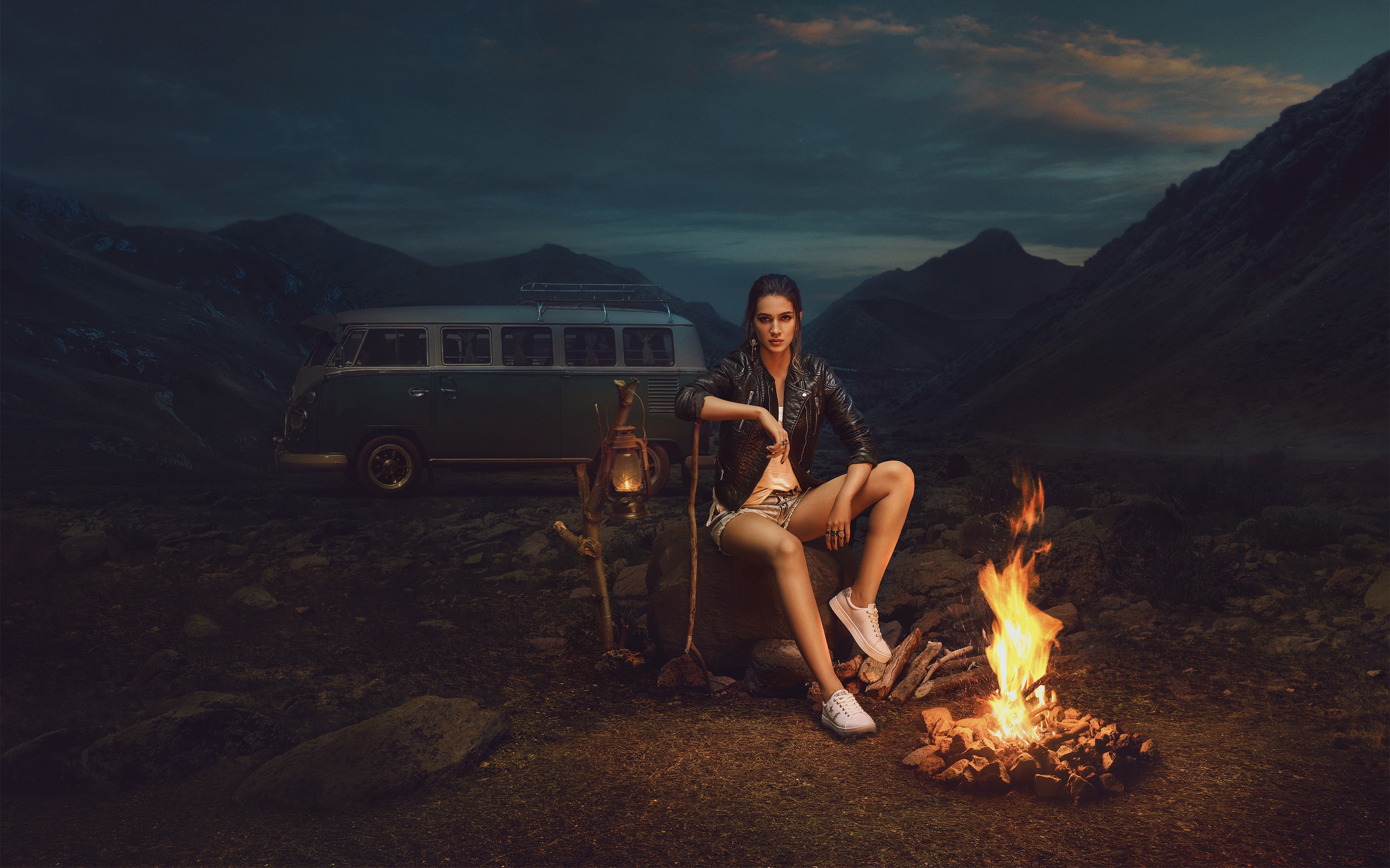 Kriti Sanon by a campfire with a VW bus HD Wallpaper
