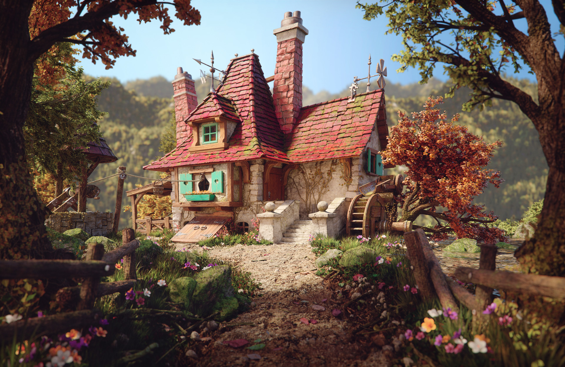 Whimsical cottage with water wheel in autumn garden HD Wallpaper