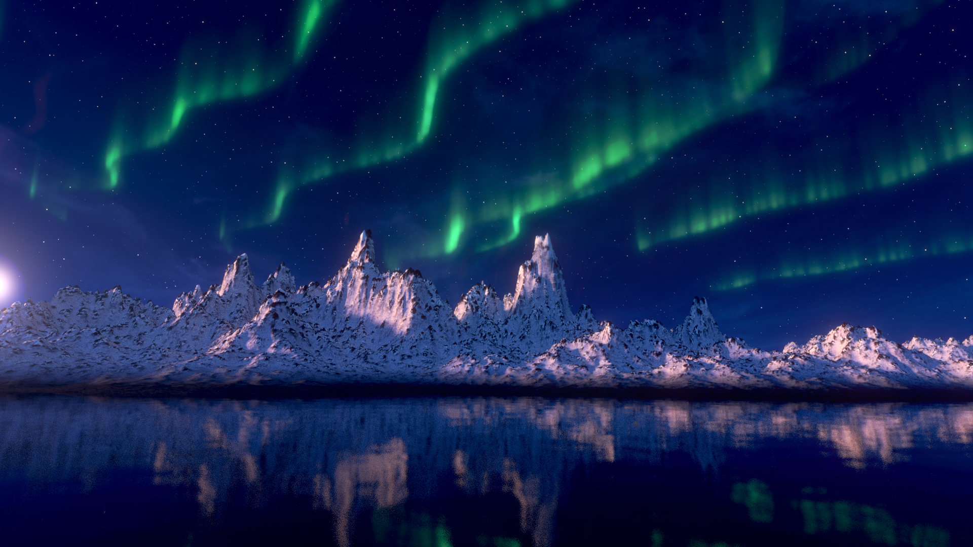 Aurora Borealis over snow-capped mountains reflected in water HD Wallpaper
