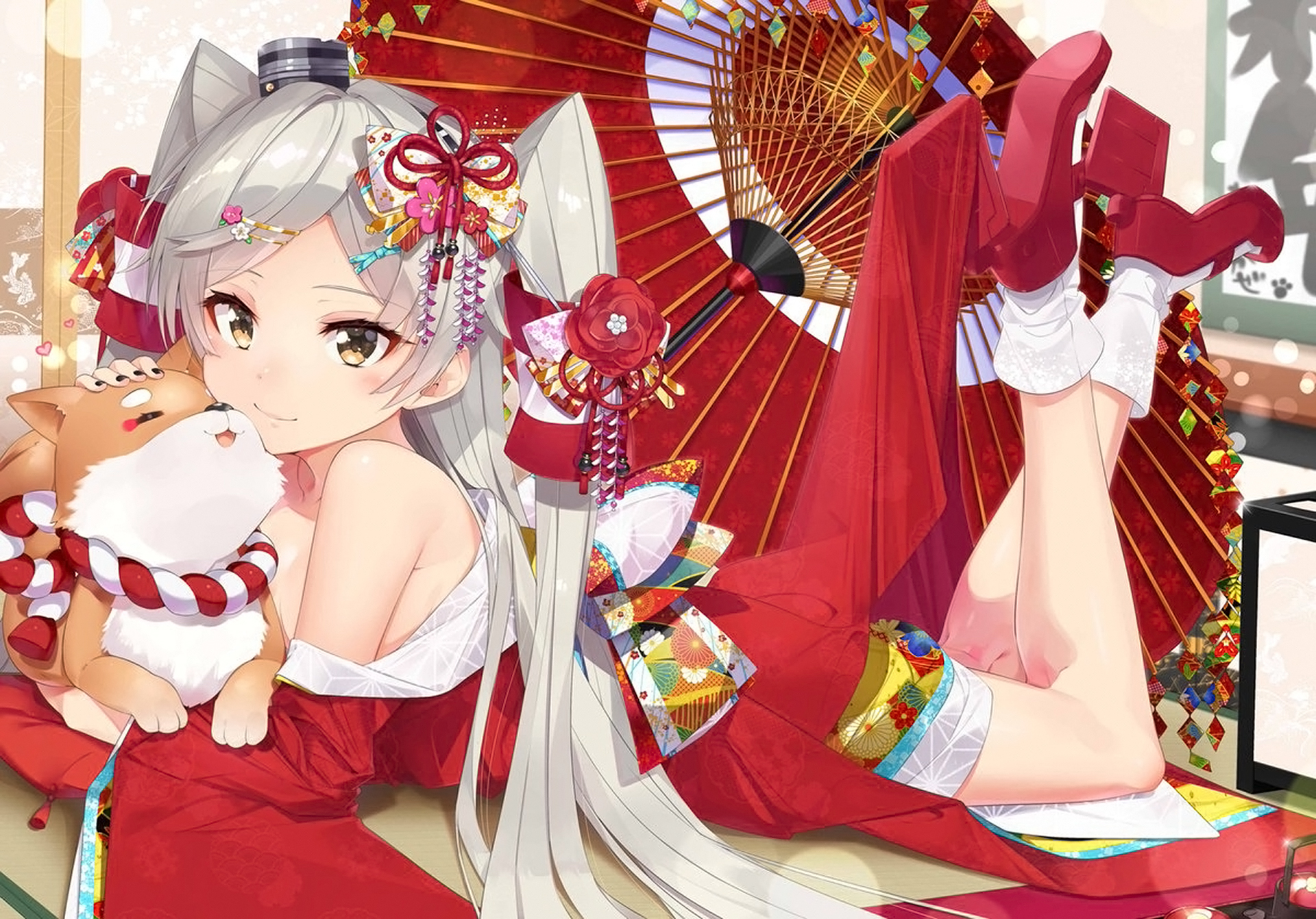 Anime girl with grey hair and dog HD Wallpaper