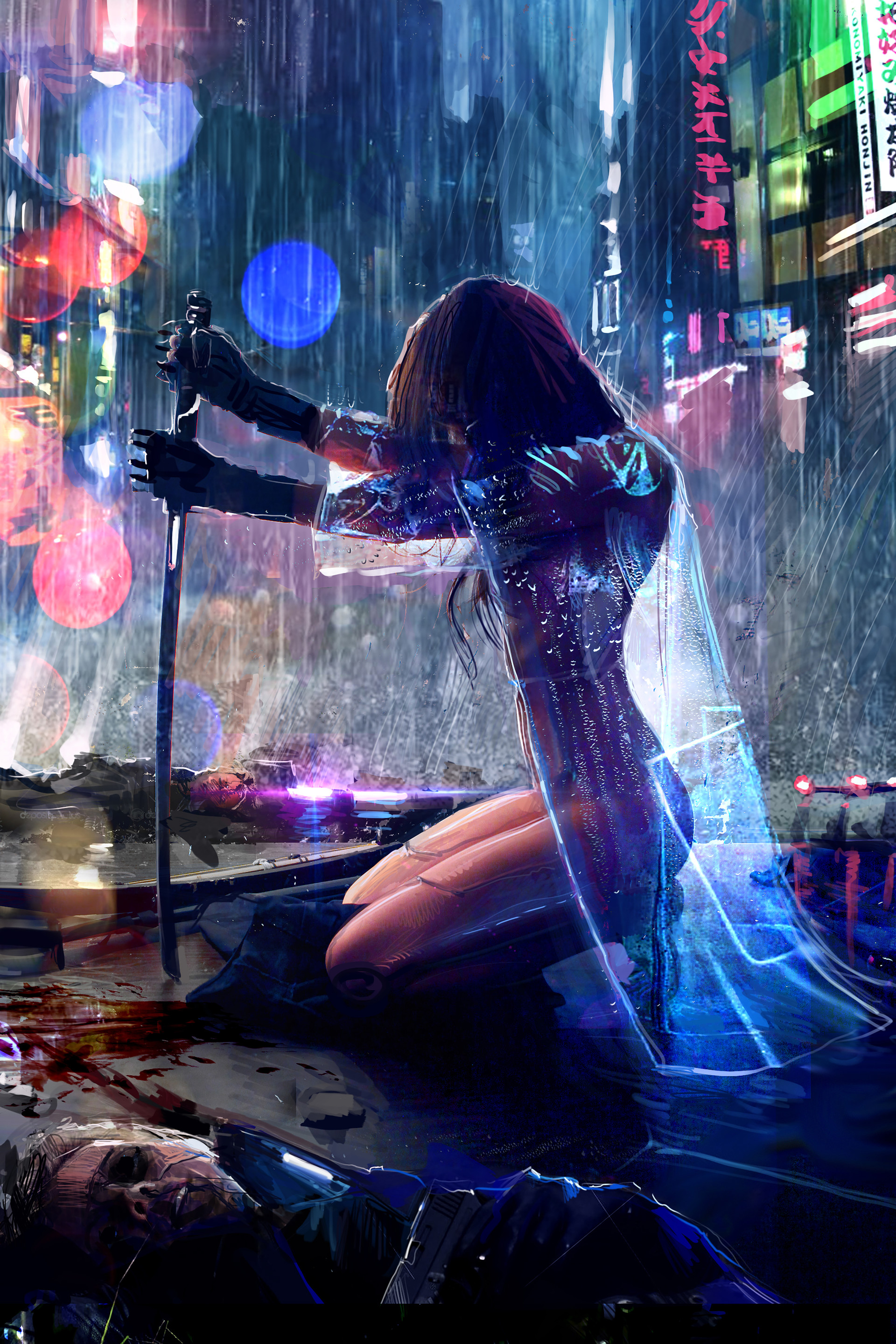 Cyberpunk warrior with sword in rainy city HD Wallpaper
