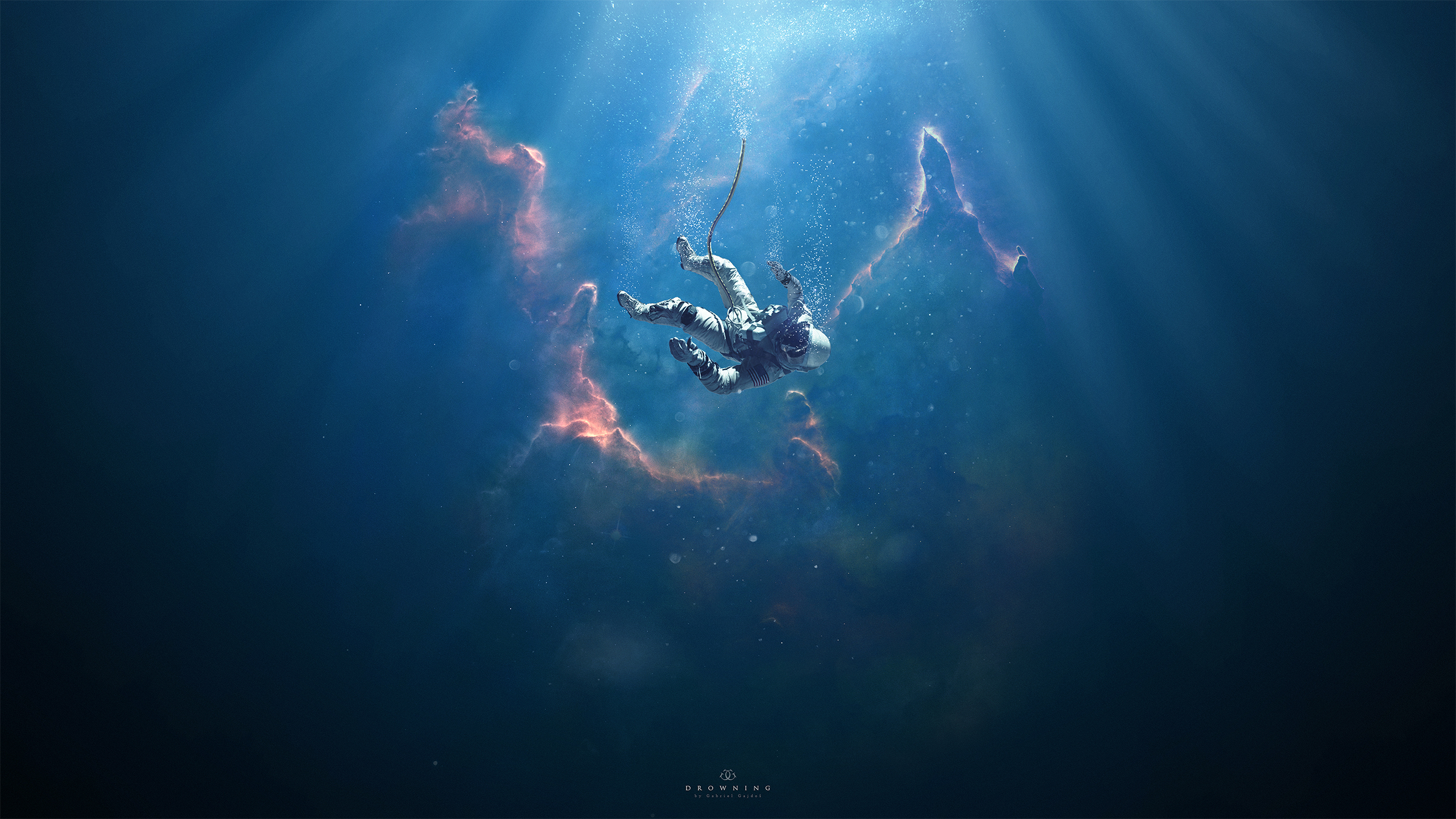 Astronaut falling in deep blue space with nebulae HD Wallpaper