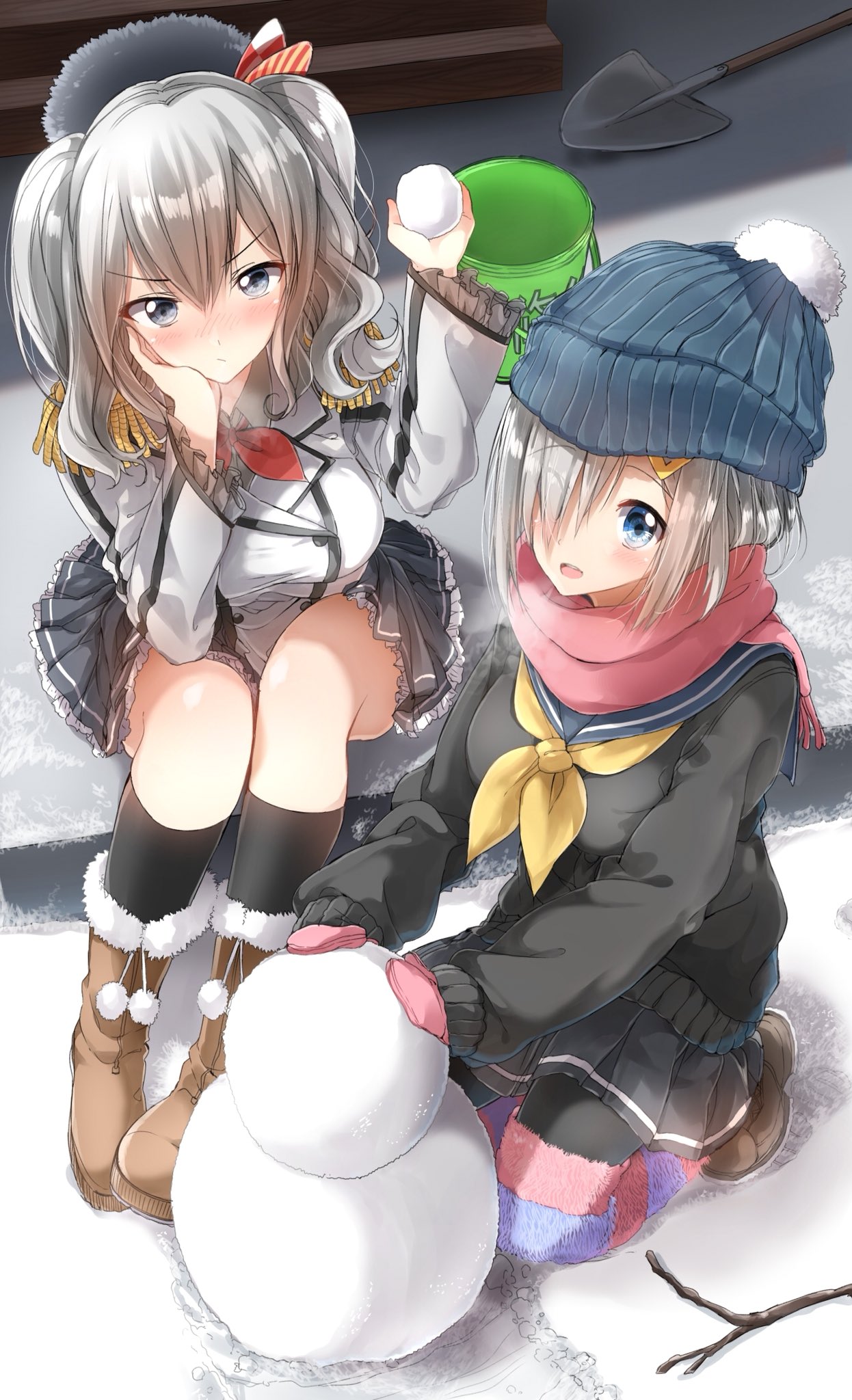 Kashima and Hamakaze from Kantai Collection building a snowman HD Wallpaper