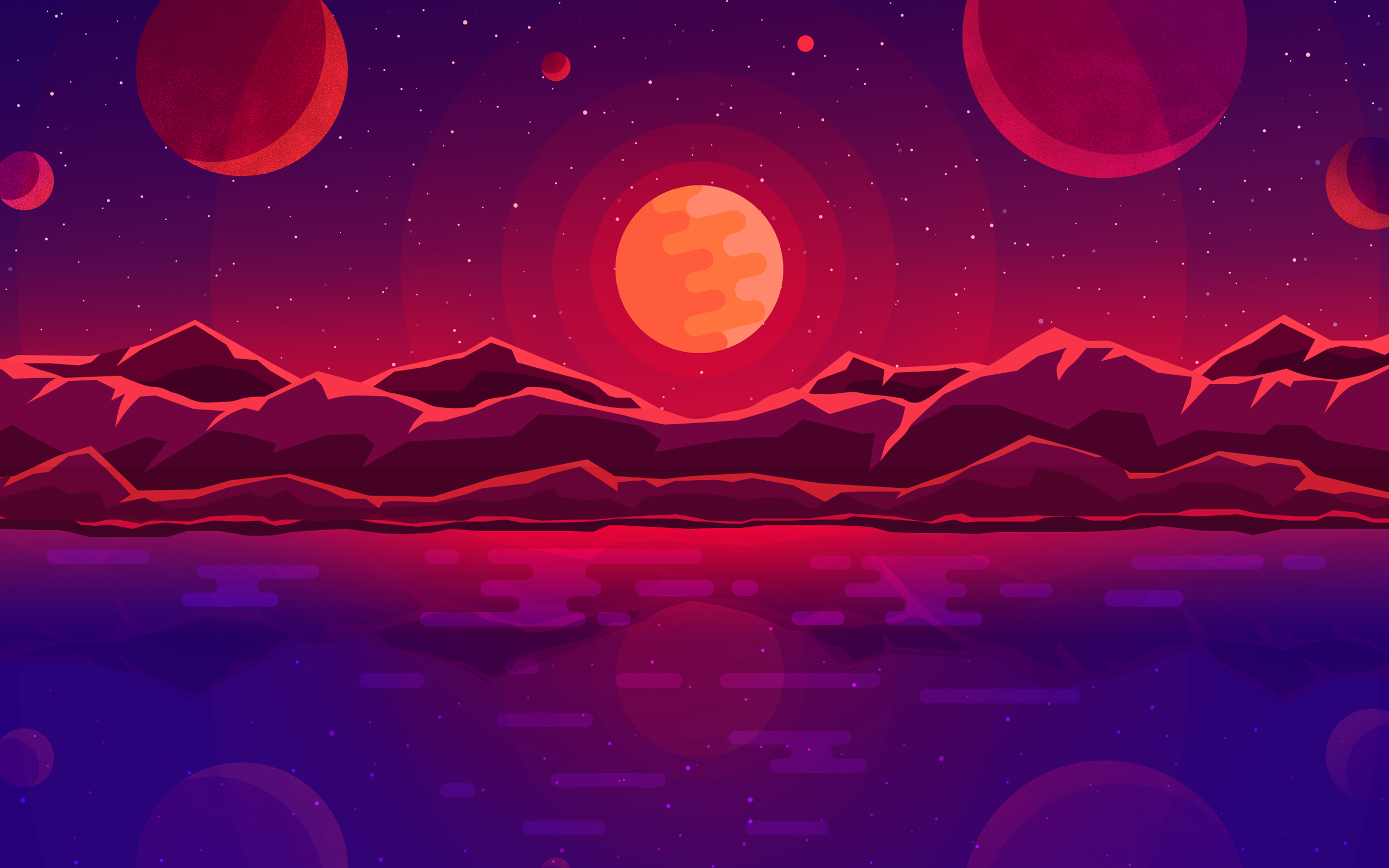 Alien sunset over mountains with planets and stars HD Wallpaper