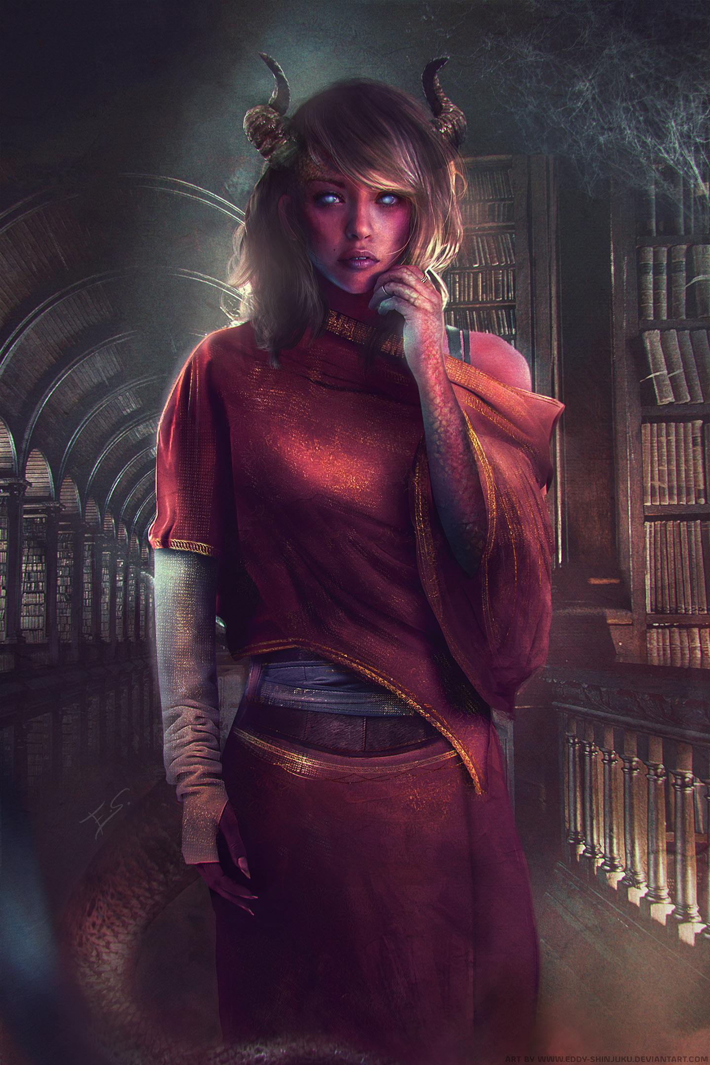 A demon woman with horns in a library HD Wallpaper