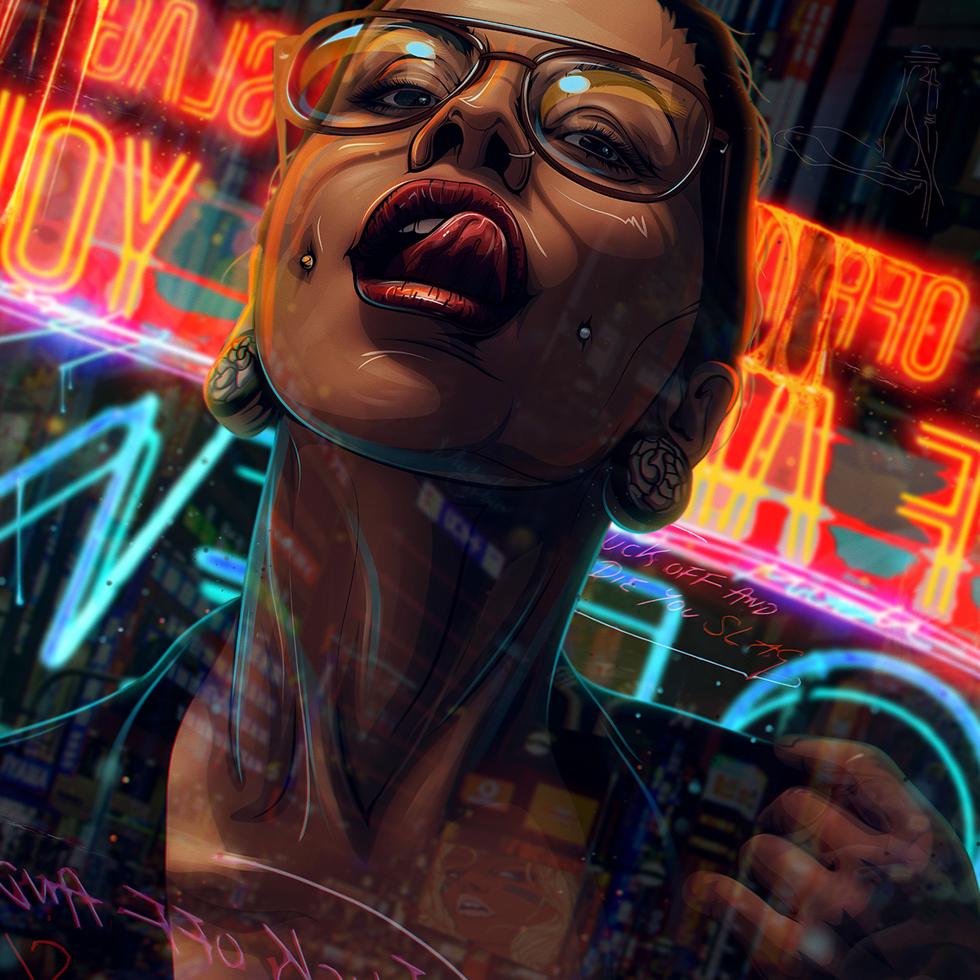 Woman with glasses and piercings in neon city HD Wallpaper