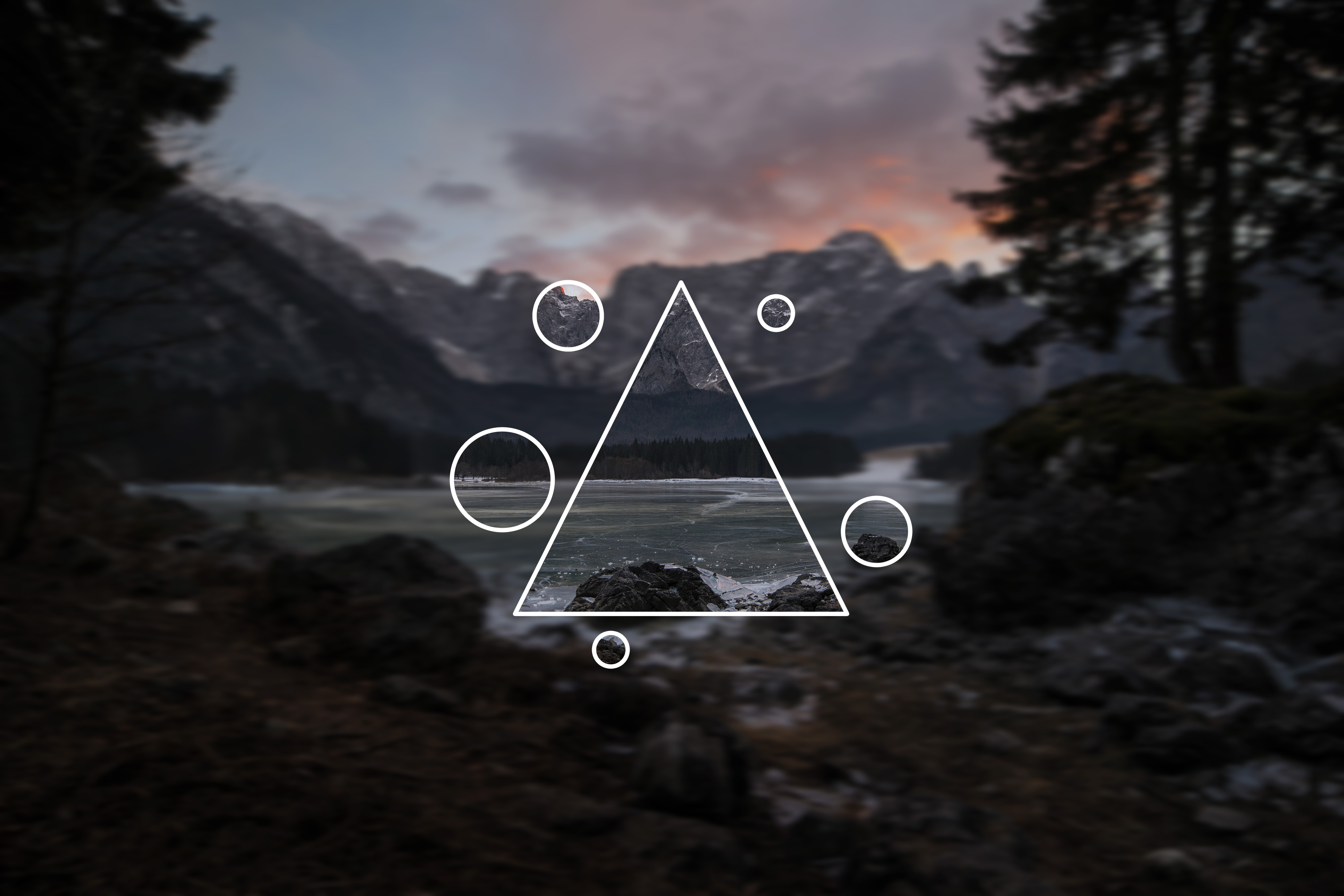 Geometric overlay on mountain landscape with lake HD Wallpaper