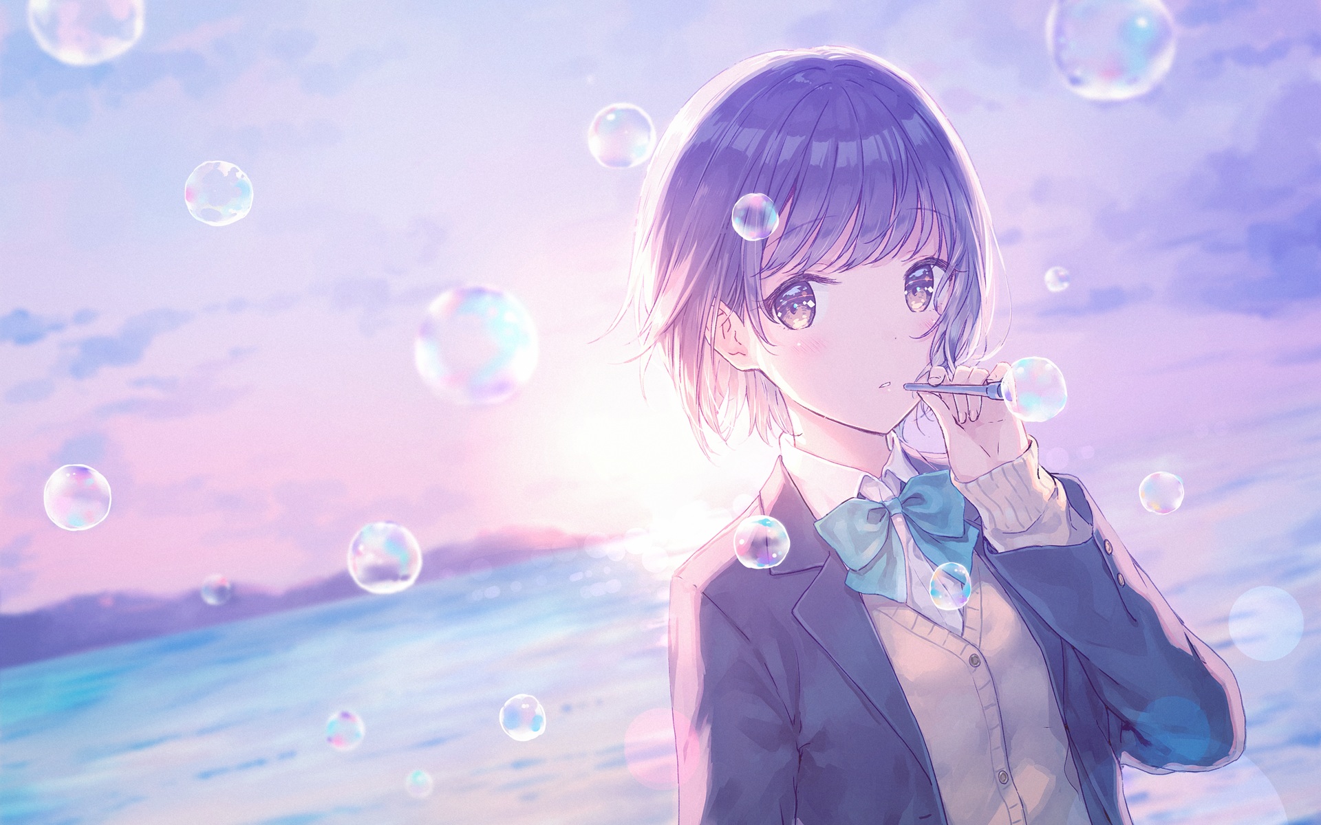 Anime girl blowing bubbles at sunset HD Wallpaper