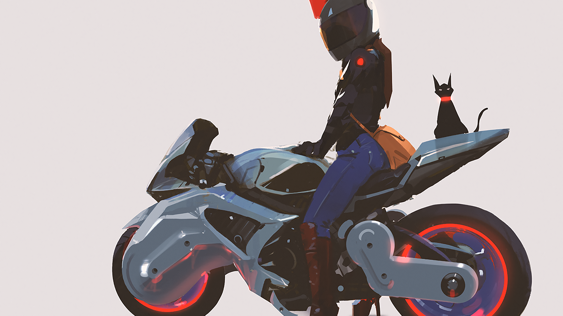 Woman in helmet on futuristic motorcycle with black cat HD Wallpaper