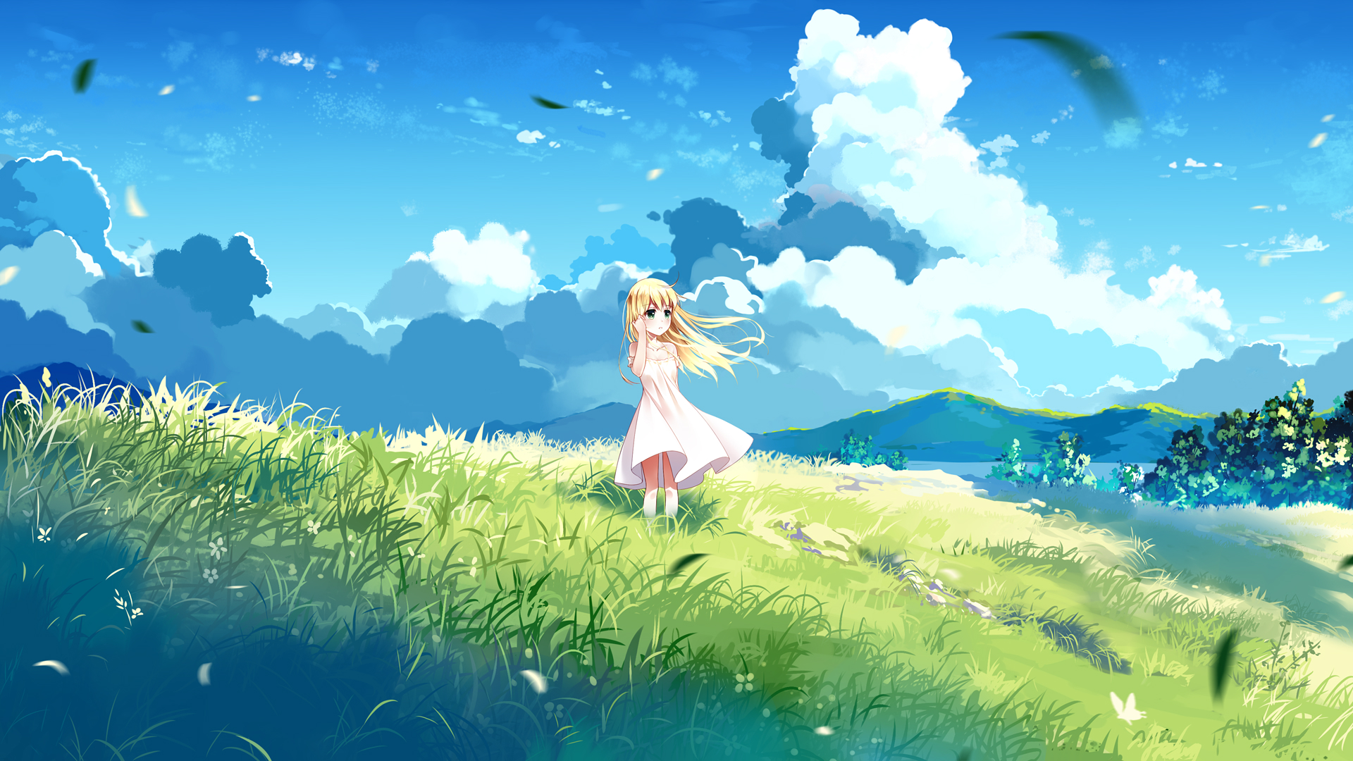 Girl in white dress in a grassy field under clouds HD Wallpaper