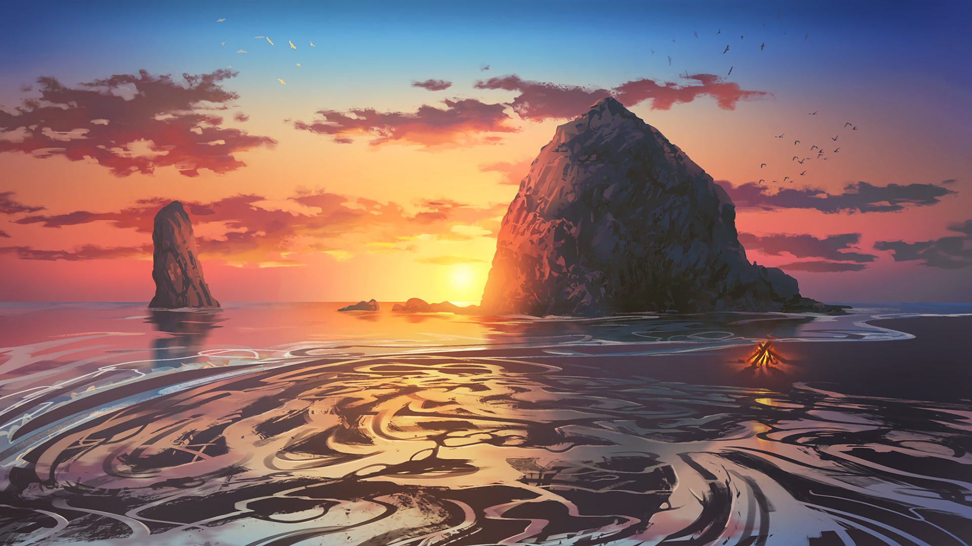 Digital art of a sunset over the sea with rock formations HD Wallpaper