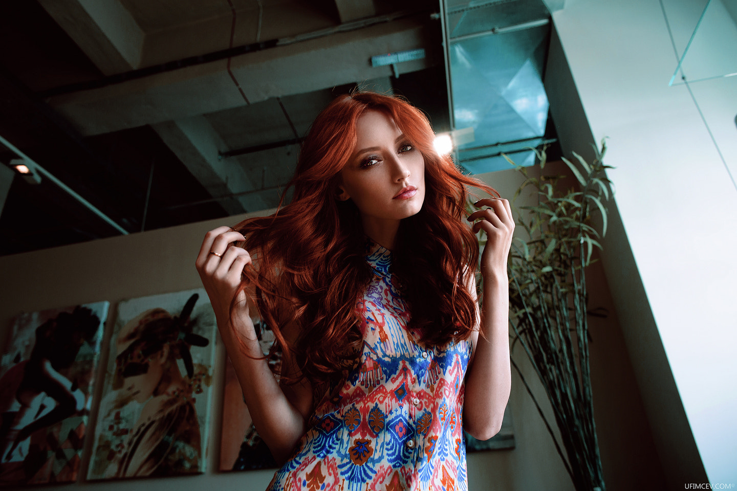 Redhead woman in a colorful dress HD Wallpaper