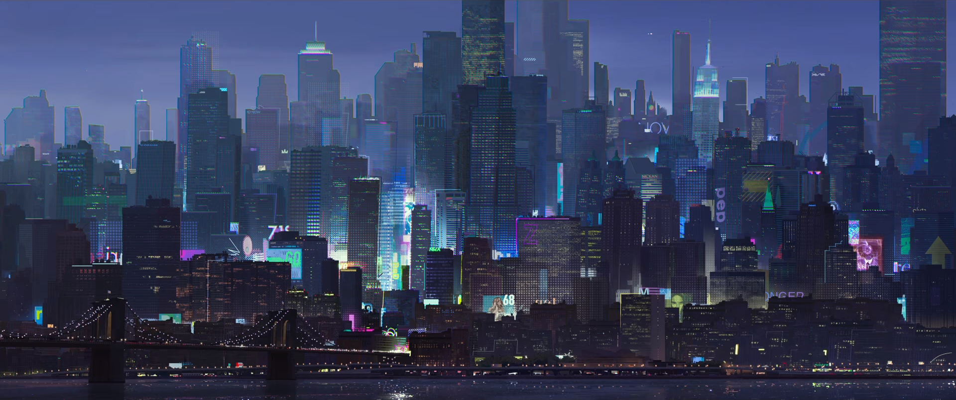 Cityscape at Night with Bridge and Skyscrapers HD Wallpaper