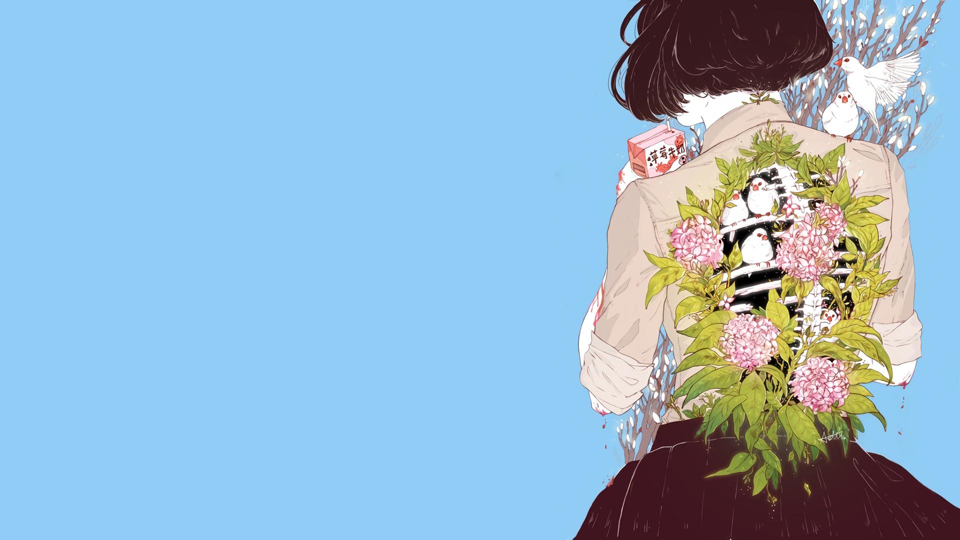 Woman with flowers and birds on her back HD Wallpaper