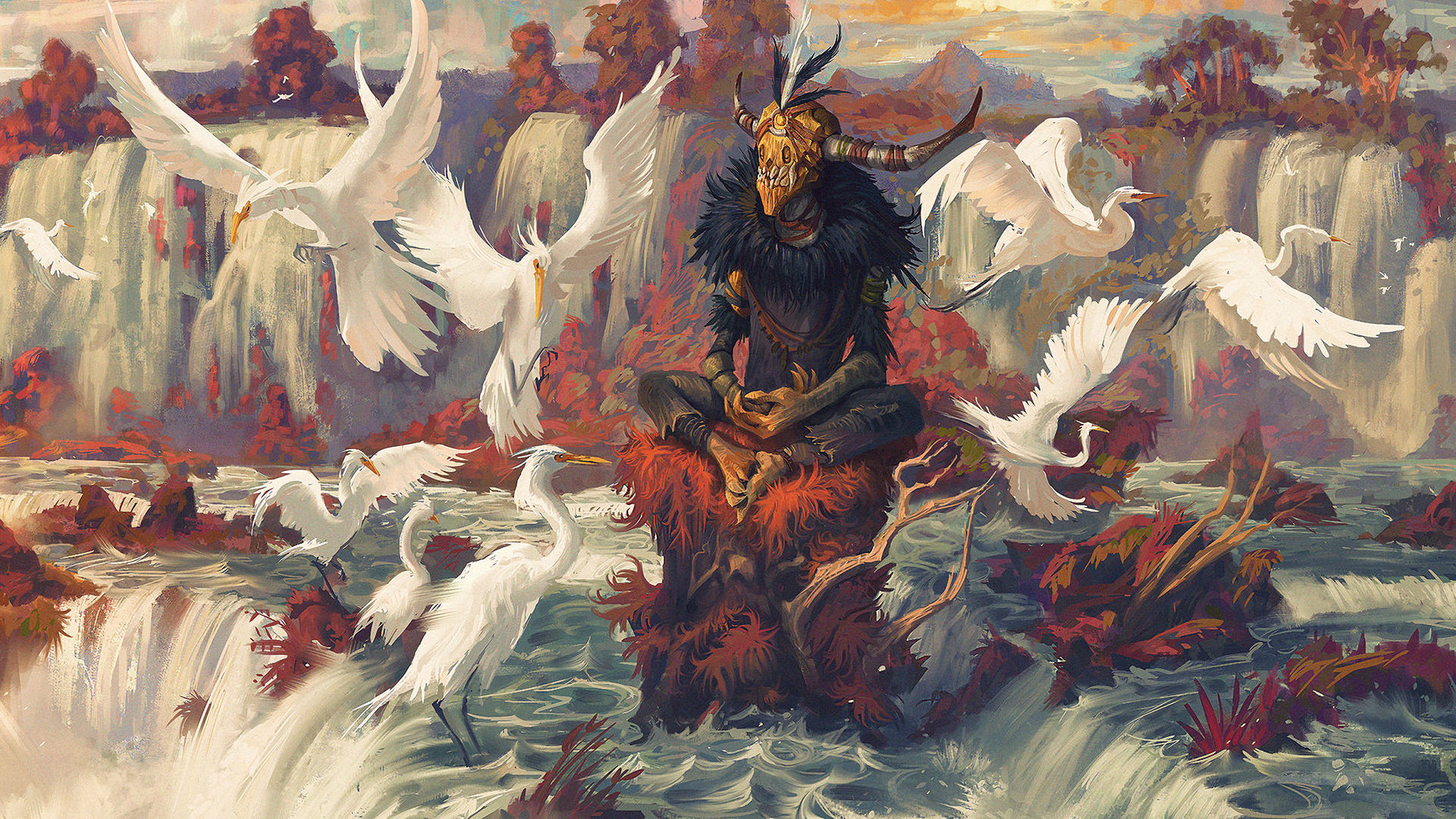 Figure in mask meditating by waterfalls with cranes HD Wallpaper