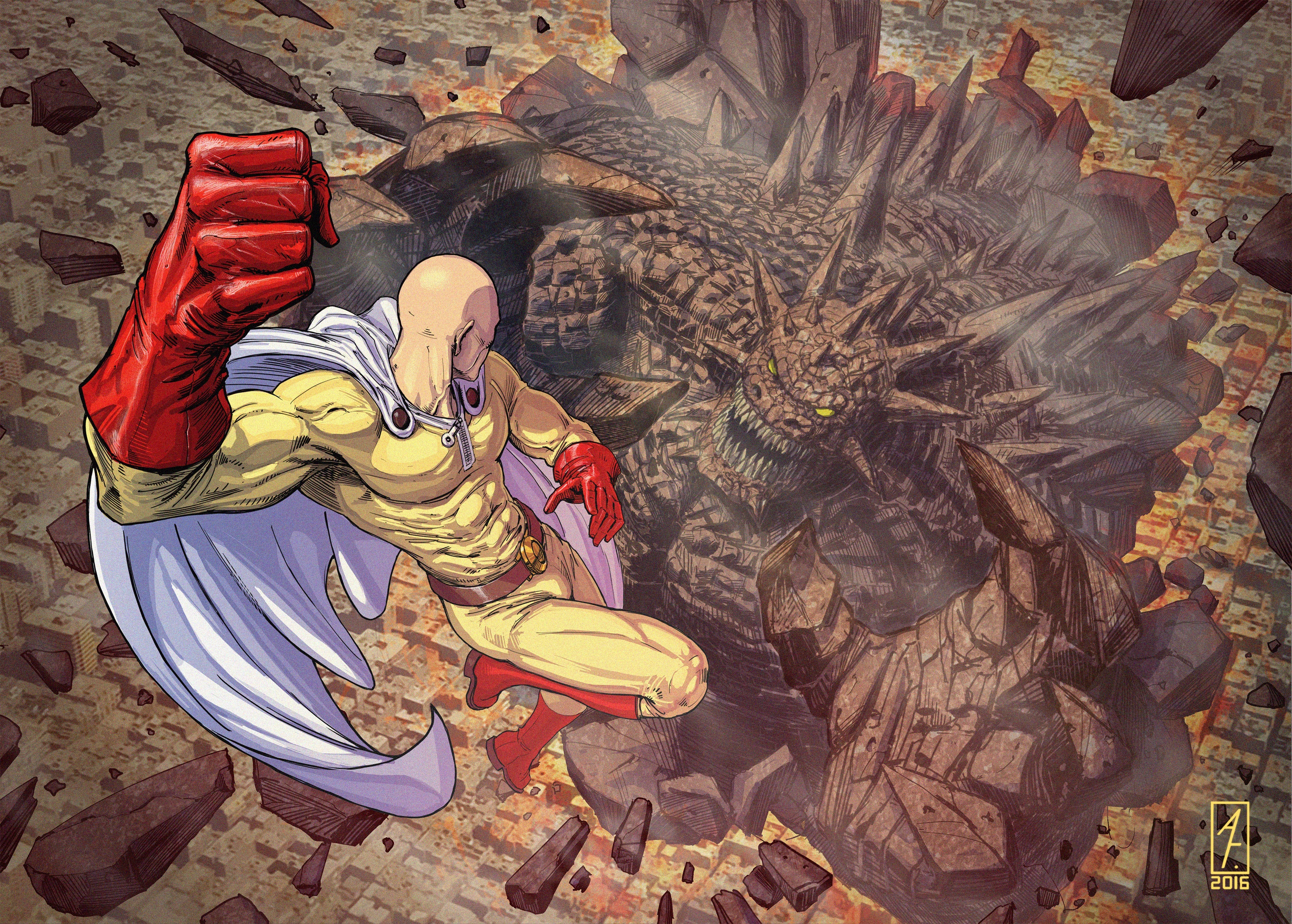 Saitama from One-Punch Man fighting a monster HD Wallpaper
