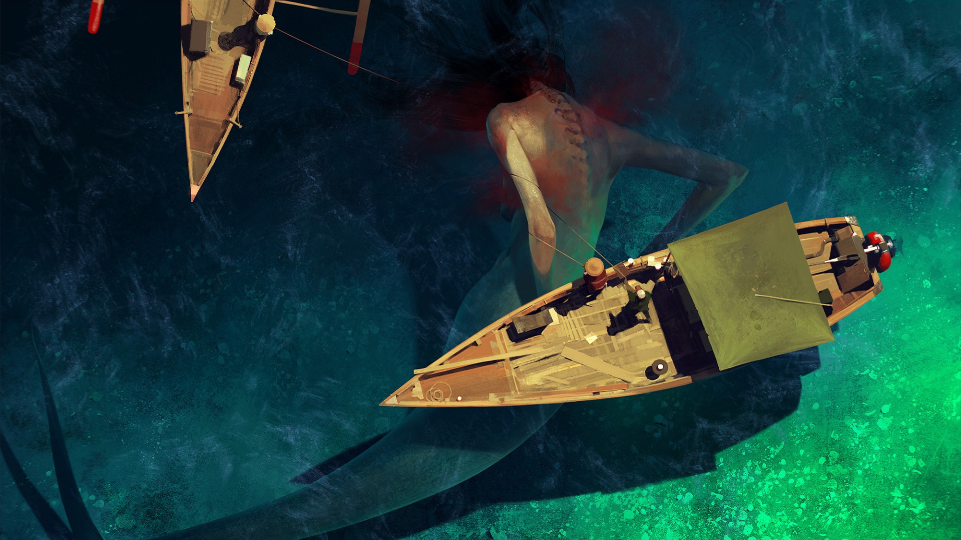 Mermaid hunting from boats in the sea HD Wallpaper