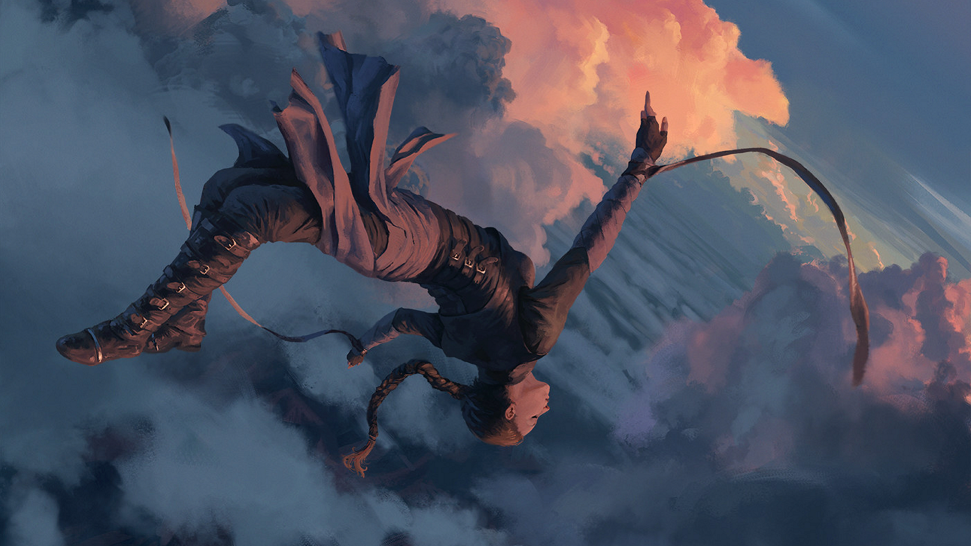 Woman in freefall among clouds at sunset HD Wallpaper