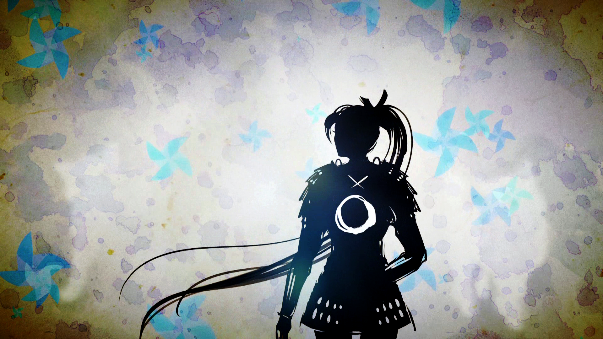 Silhouette of a warrior with blue pinwheels HD Wallpaper