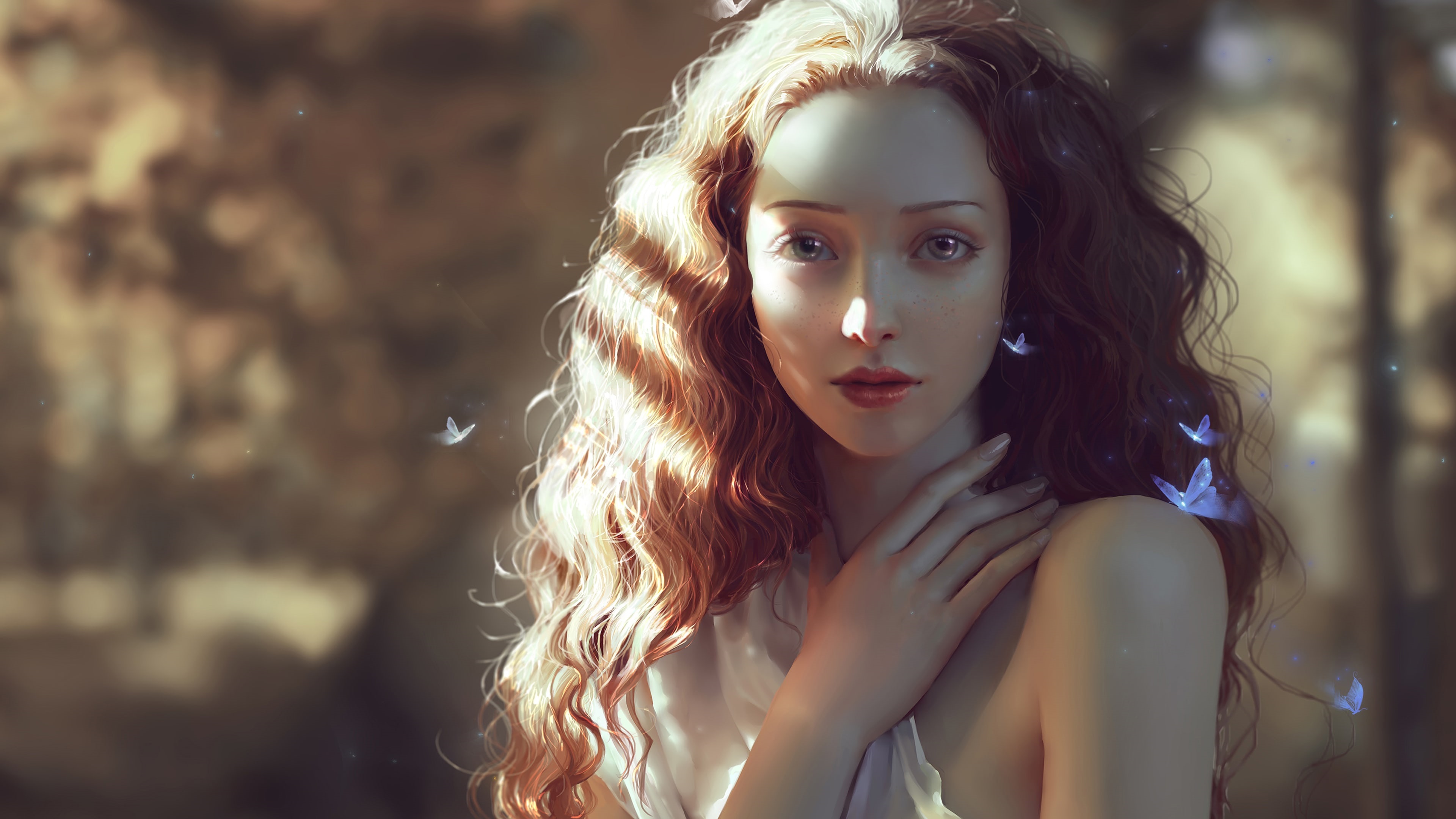 Fantasy art of a woman with curly hair and butterflies HD Wallpaper