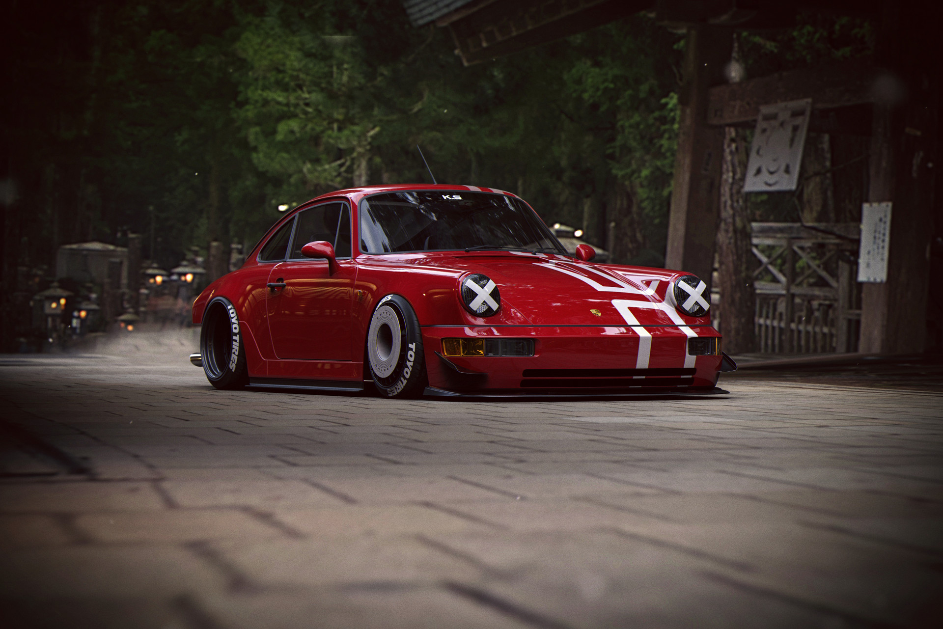 Red Porsche 911 with white racing stripes HD Wallpaper