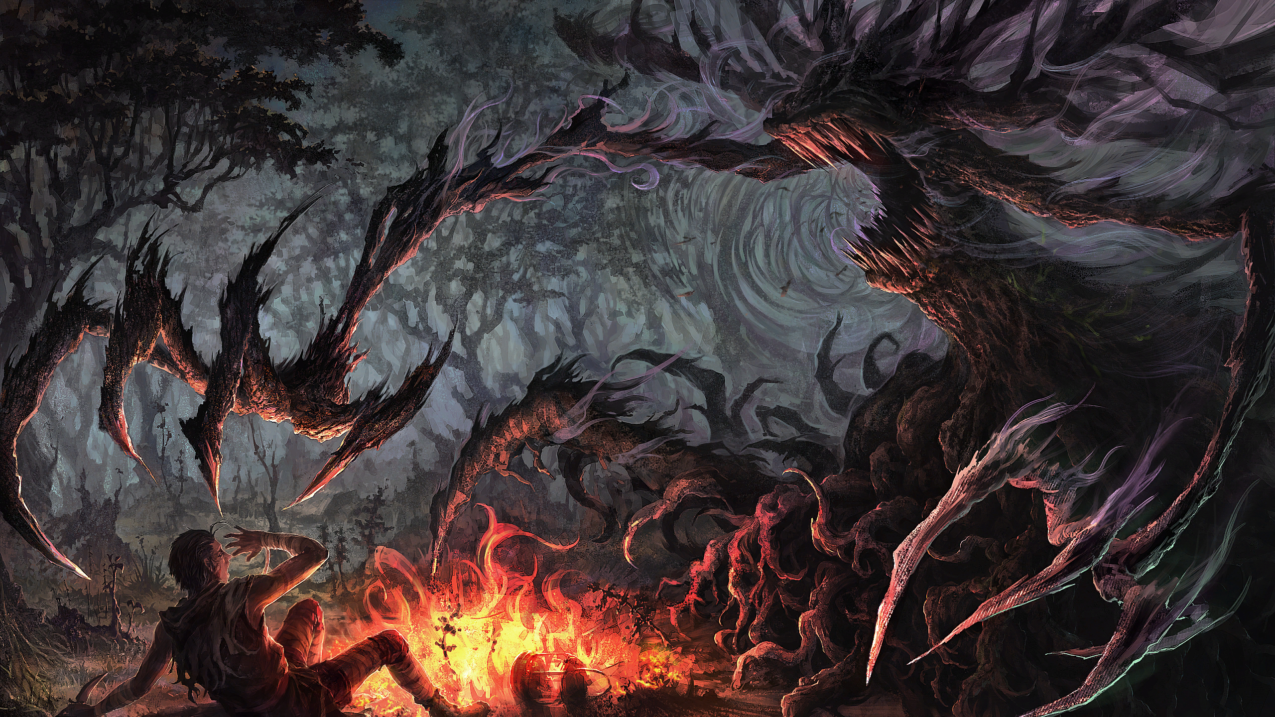 Monster attacking a person by a campfire in a forest HD Wallpaper