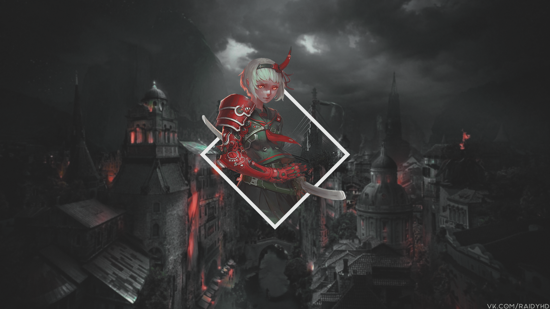 Anime girl with red armor and swords in a dark city HD Wallpaper