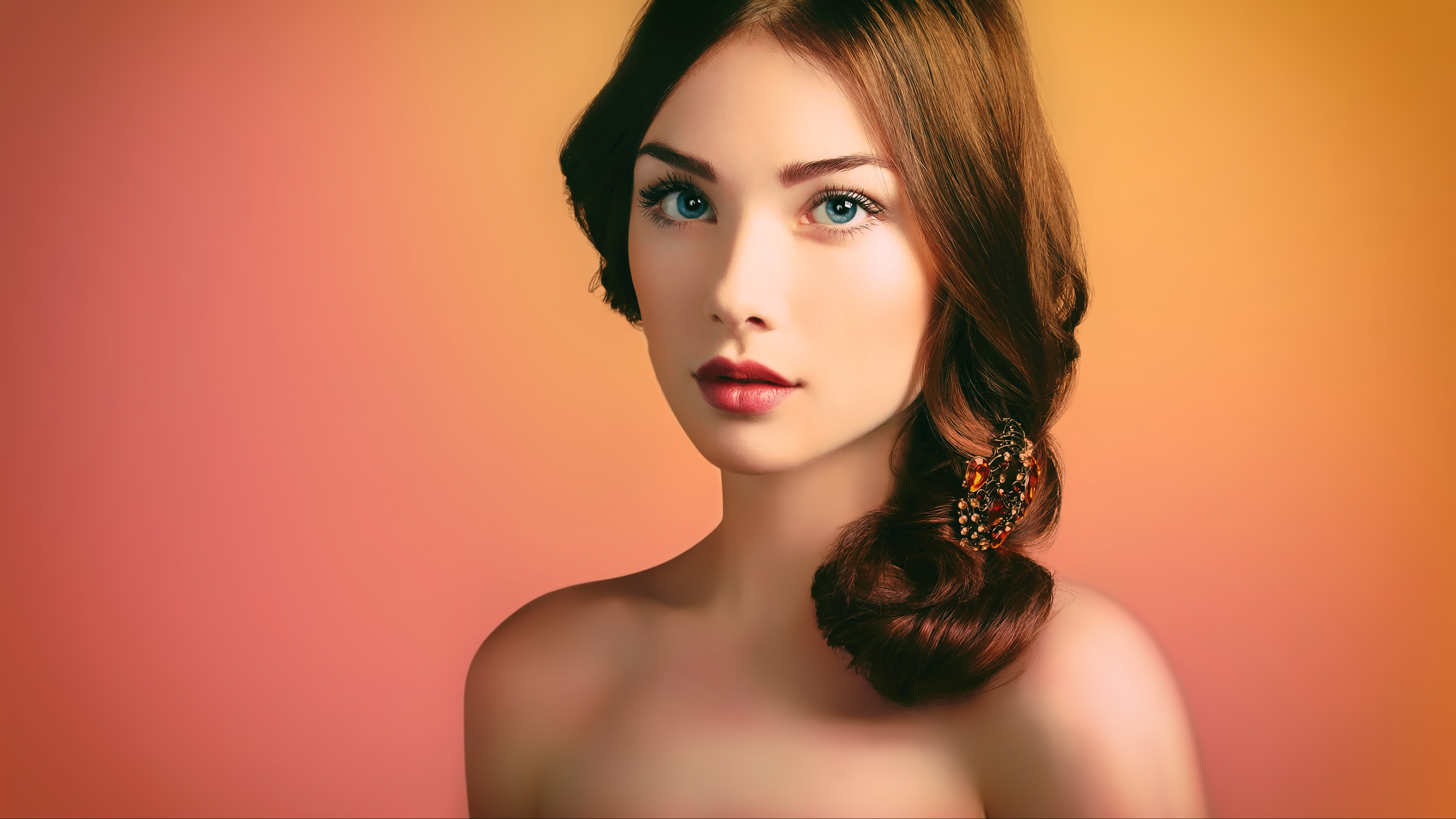 Woman with blue eyes and red lipstick, styled hair HD Wallpaper