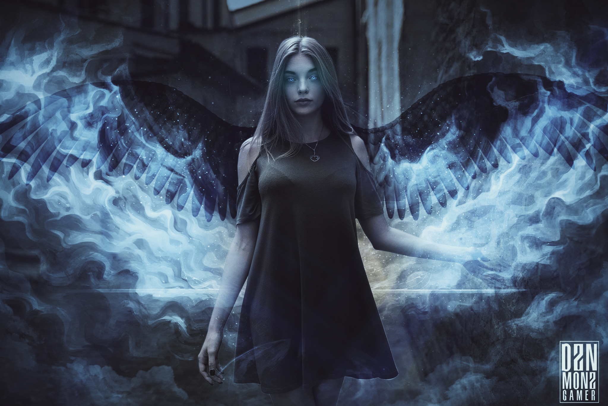 Woman with dark angel wings and blue smoke HD Wallpaper