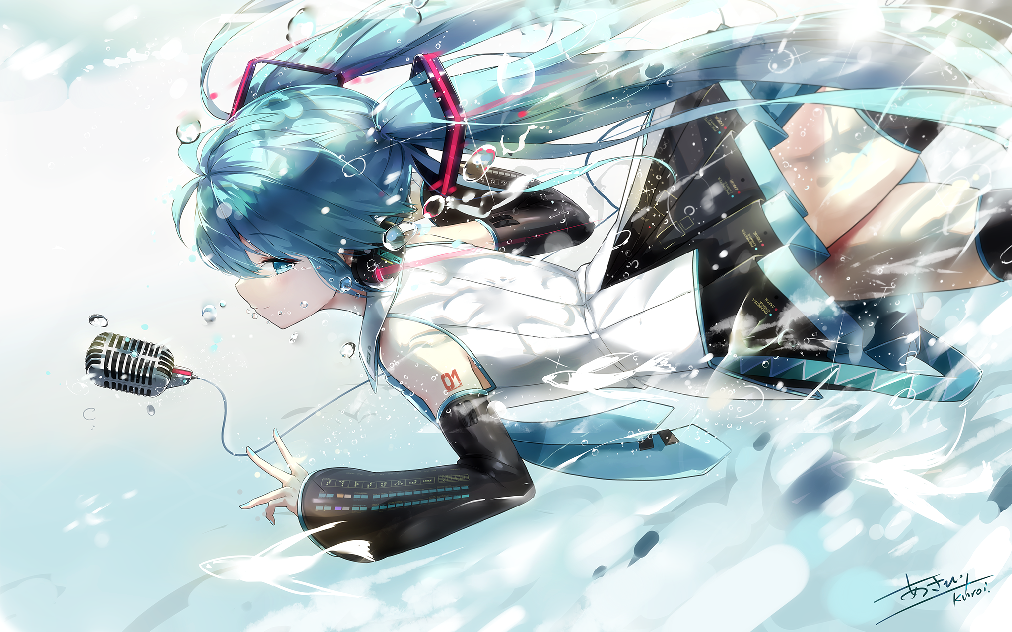Hatsune Miku from Vocaloid underwater with microphone HD Wallpaper
