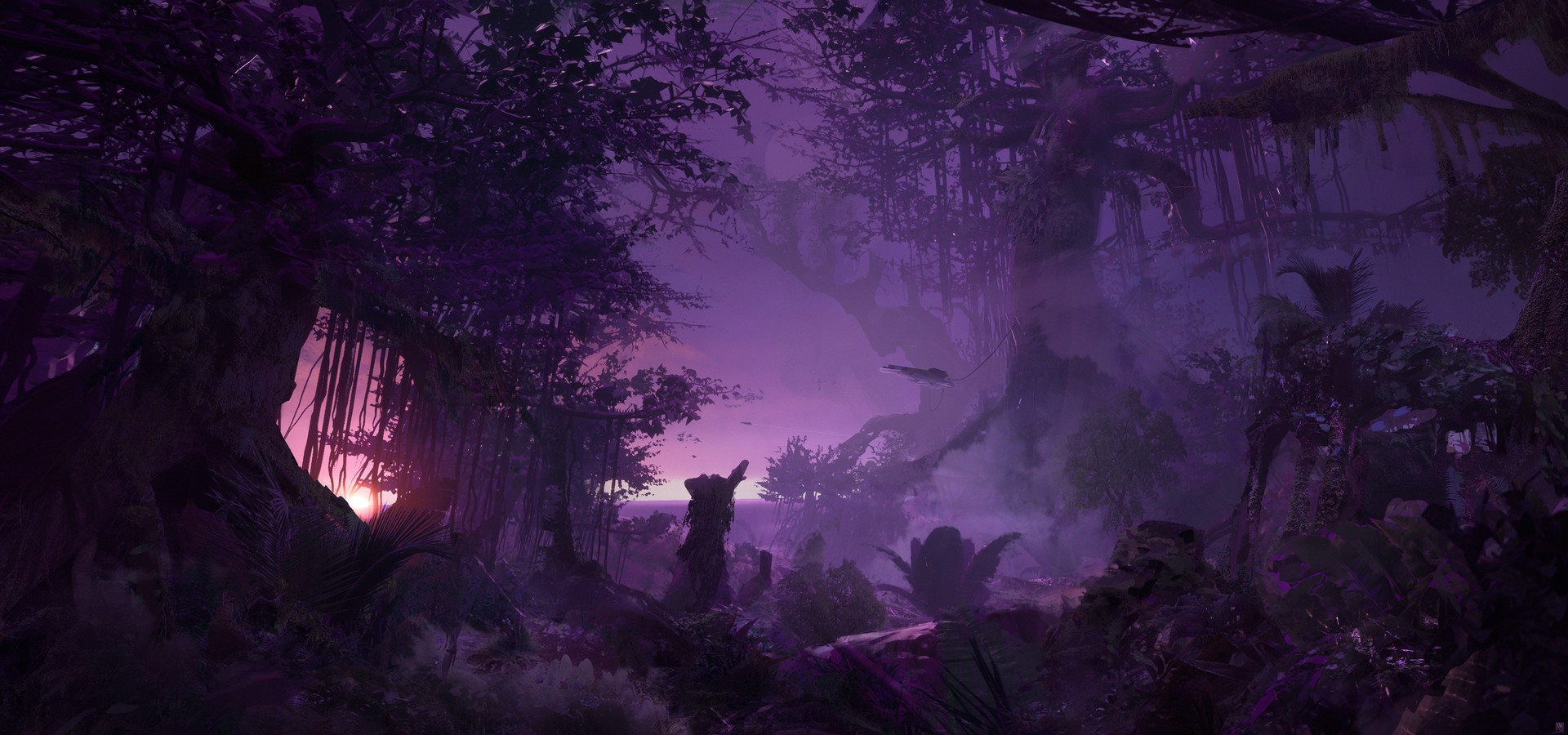 Purple jungle landscape with trees and sunset HD Wallpaper