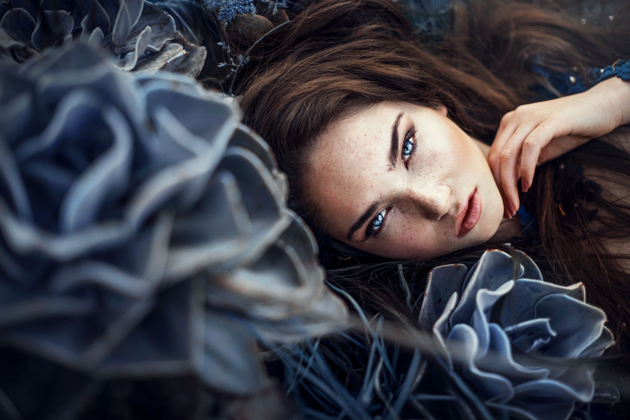 Woman with blue eyes and freckles lying down HD Wallpaper
