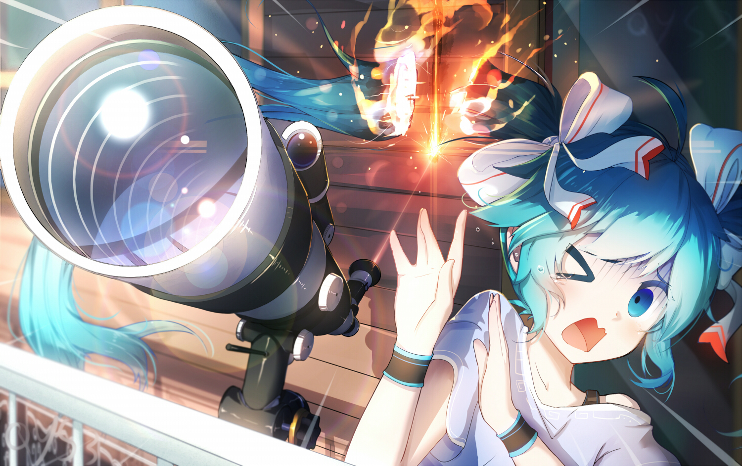 Hatsune Miku looking through a telescope HD Wallpaper