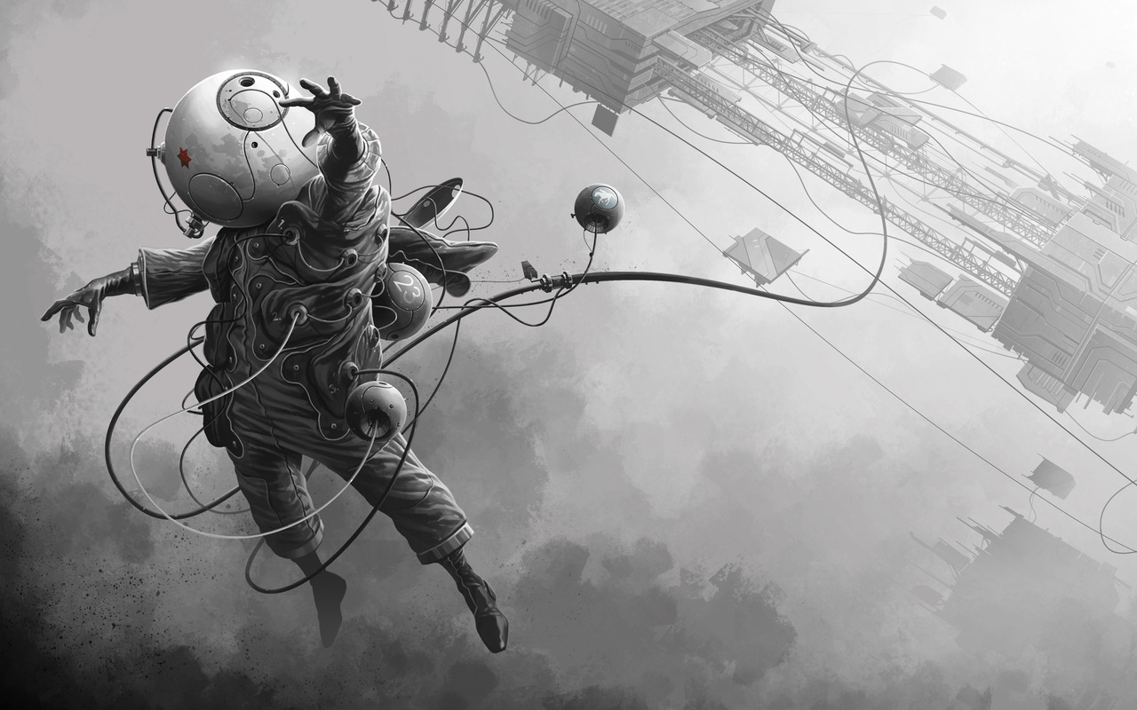 Astronaut with a spherical helmet connected by wires HD Wallpaper