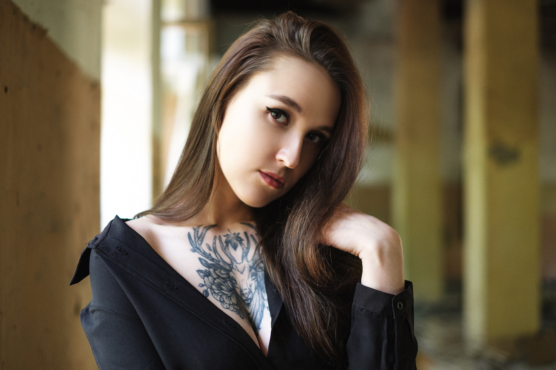 Woman with chest tattoo wearing black shirt HD Wallpaper