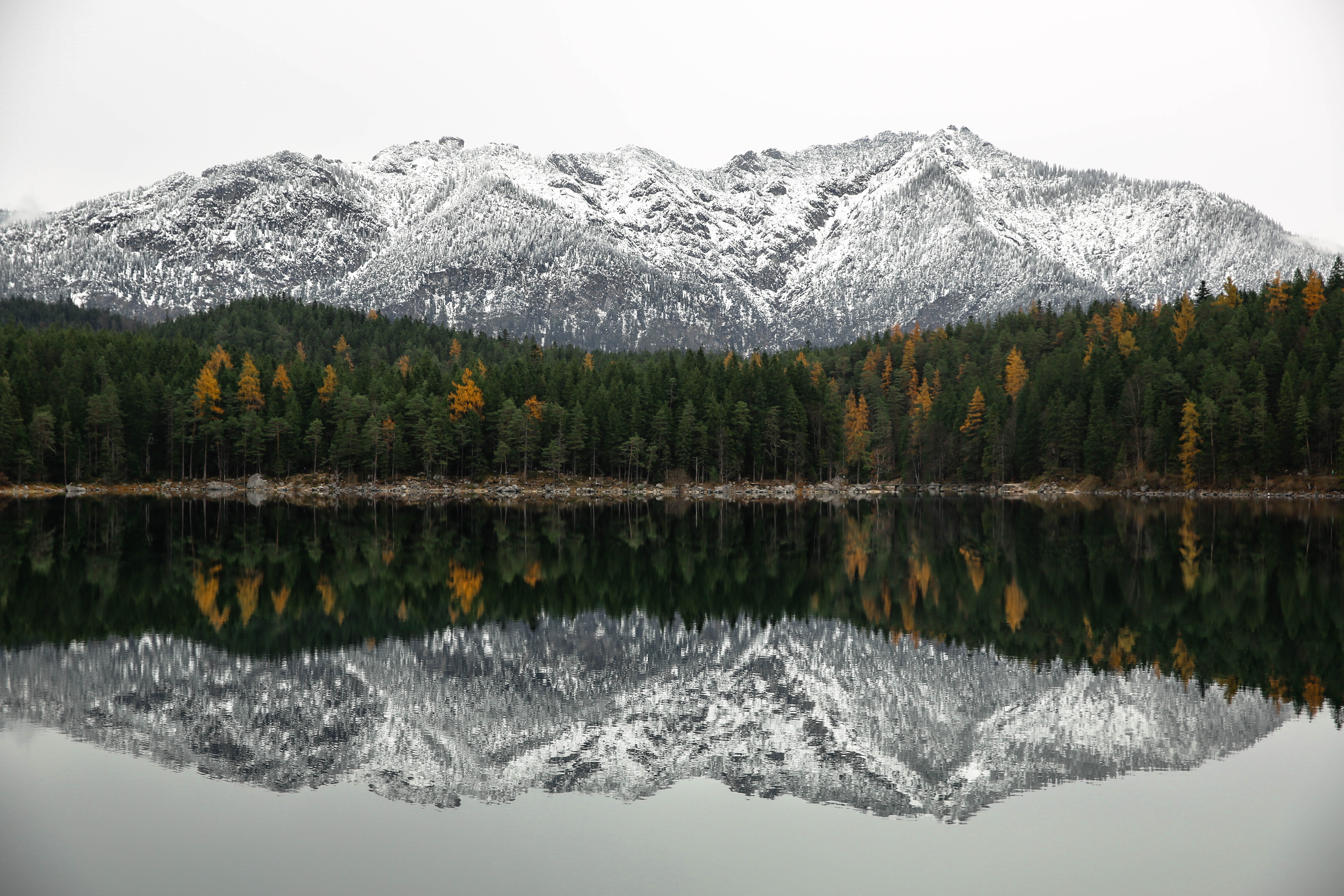 Snow-capped mountains reflected in a lake with autumn trees HD Wallpaper