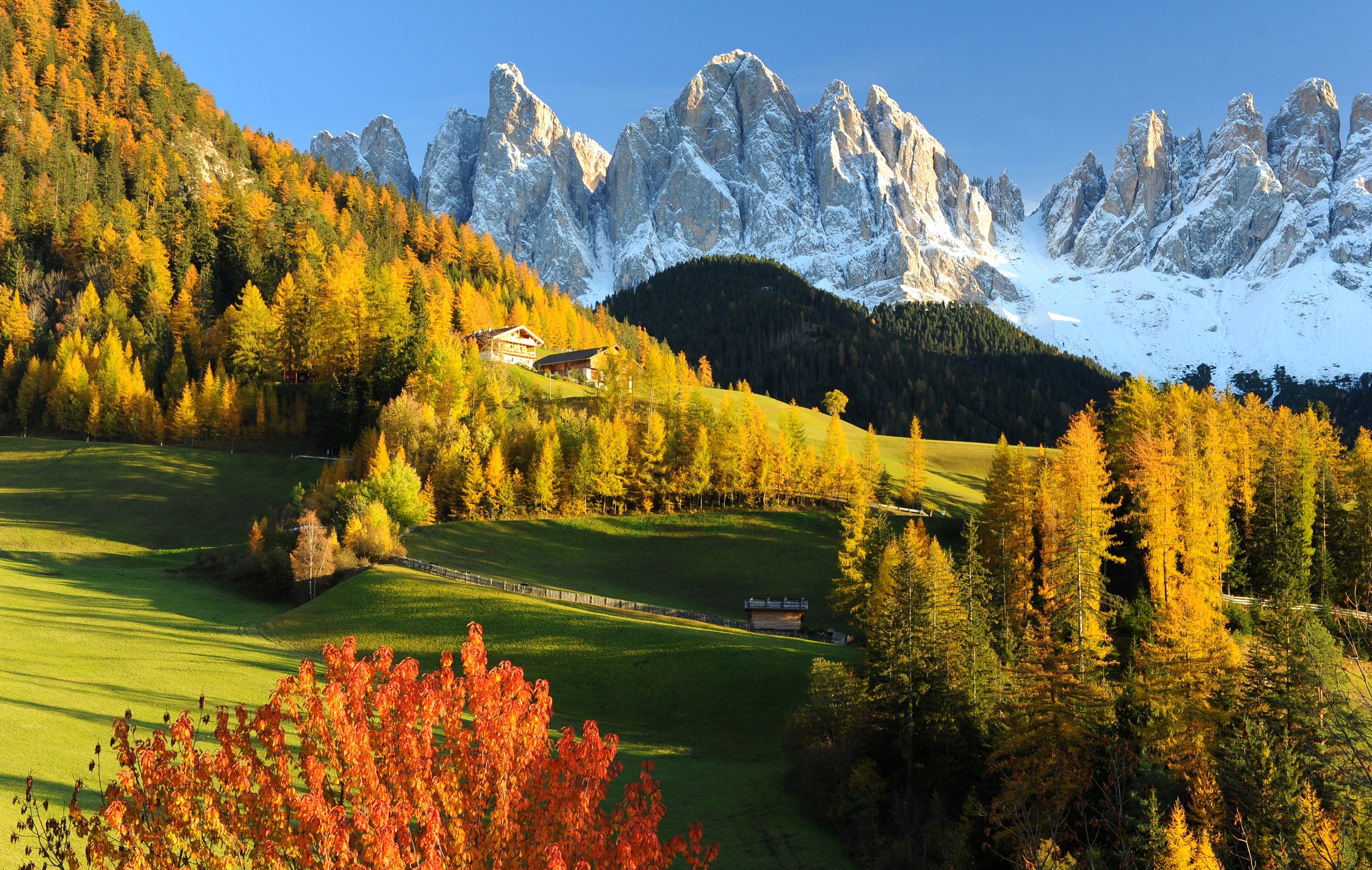 Autumn mountains with snow-capped peaks and houses HD Wallpaper