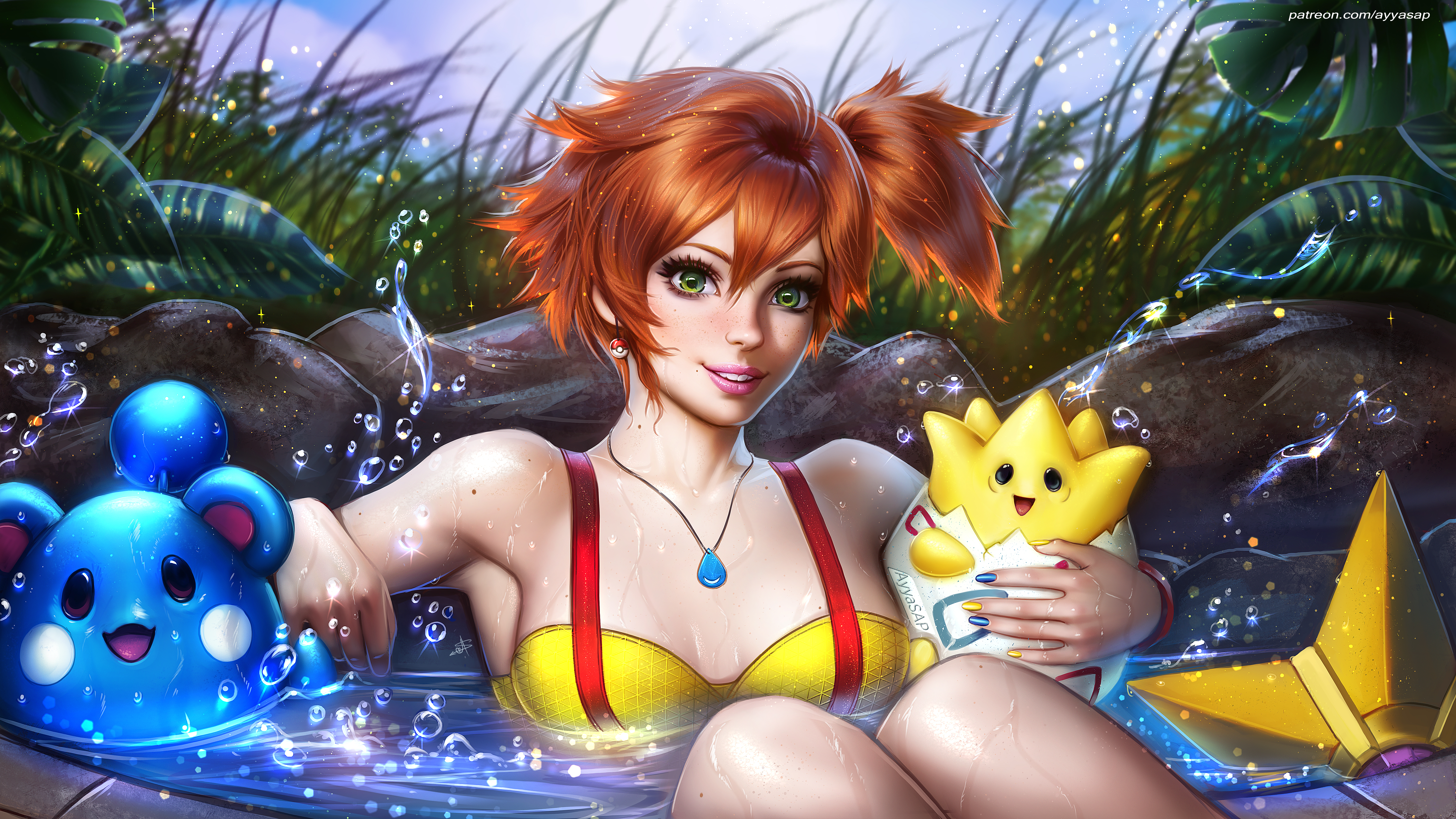 Misty from Pokémon in a hot tub with Togepi and Marill HD Wallpaper