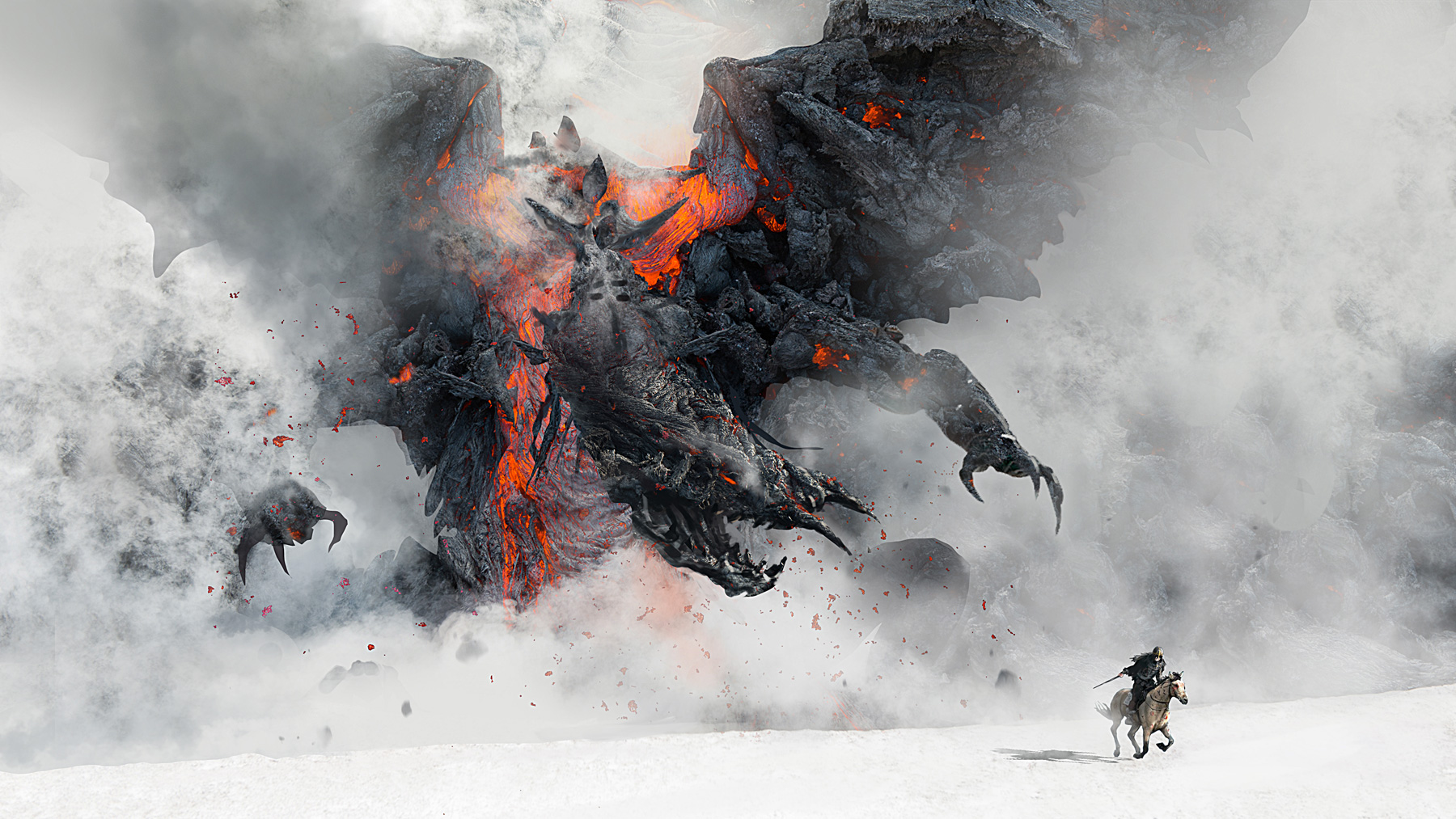 Dragon made of rock and lava attacking a knight on horseback HD Wallpaper