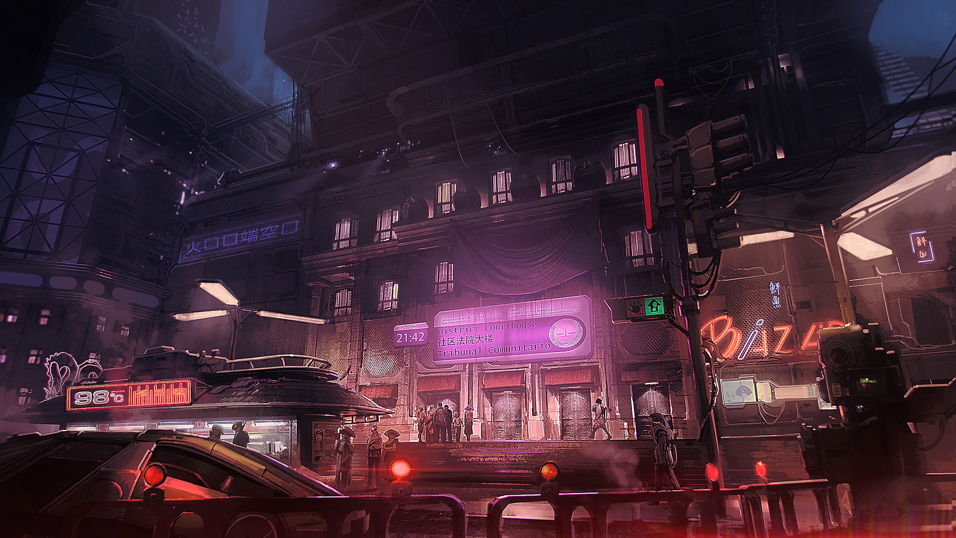 Cyberpunk city street with neon signs and futuristic cars HD Wallpaper