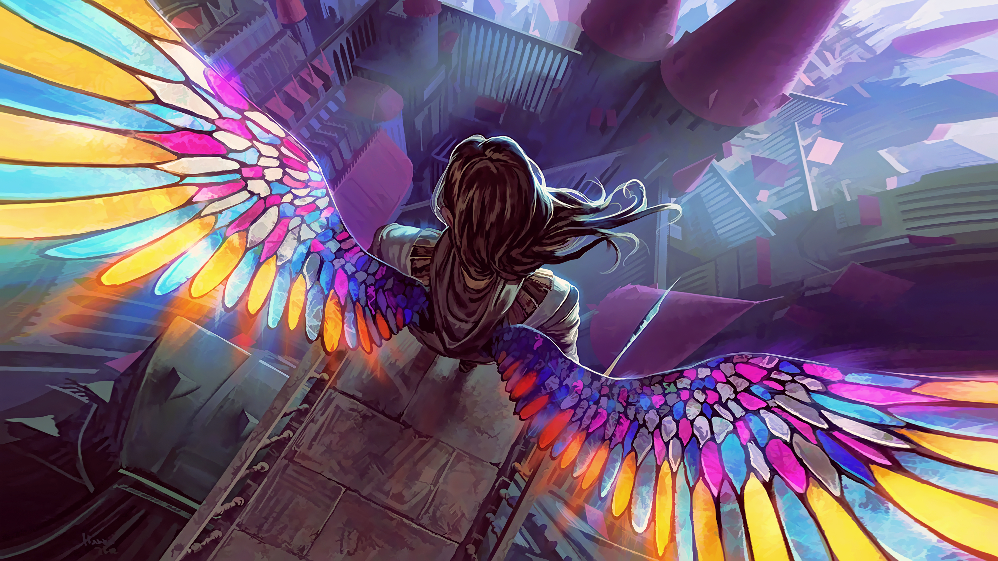Angel with stained glass wings overlooking a city HD Wallpaper
